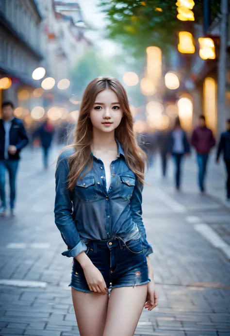 a young woman standing on the street, blurred background, beautiful, lifelike