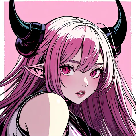 make a futuristic phonk music album cover with a portrait of a devil horned girl in rose colors