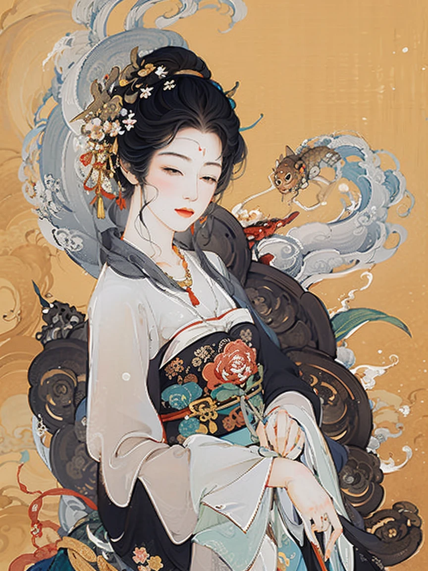 masterpiece, 1girl, nail_polish, jewelry, necklace, black_hair, closed_eyes, solo, dress,black_hair, ancient art, chinese, flowers, shin hanga style, woodblock print
