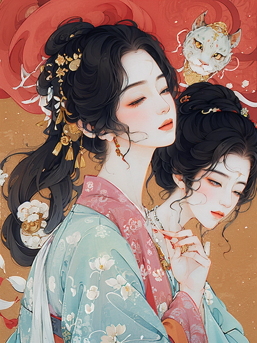 masterpiece, 1girl, nail_polish, jewelry, necklace, black_hair, closed_eyes, solo, dress,black_hair, ancient art, chinese, flowers, shin hanga style, woodblock print
