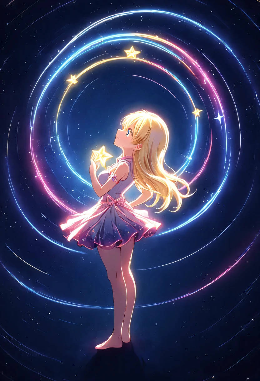 Magical girl,Star,Starlight,masterpiece,best quality,human development report.ultra high definition.4K,8k,k,Very detailed,Super fine,extremely detailed description,professional, 1 girl, Volumetric light, 1 girl, blonde hair,medium bust, long hair, best quality, illustration,  beautiful and delicate eyes, posture, Starry sky skirt, Starry sky, The elegant rotation of the starry sky,