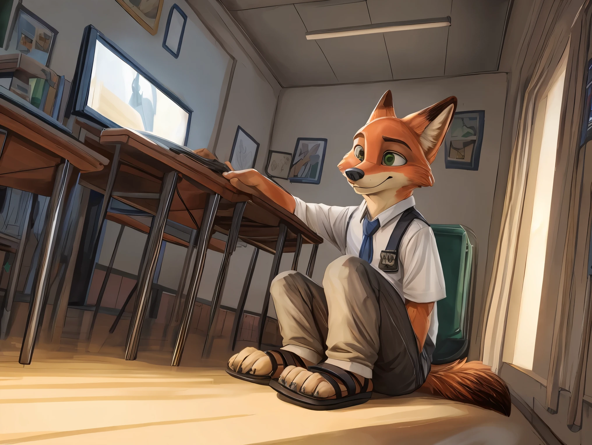 Arafed fox sitting on the floor in a classroom with a desk - SeaArt AI