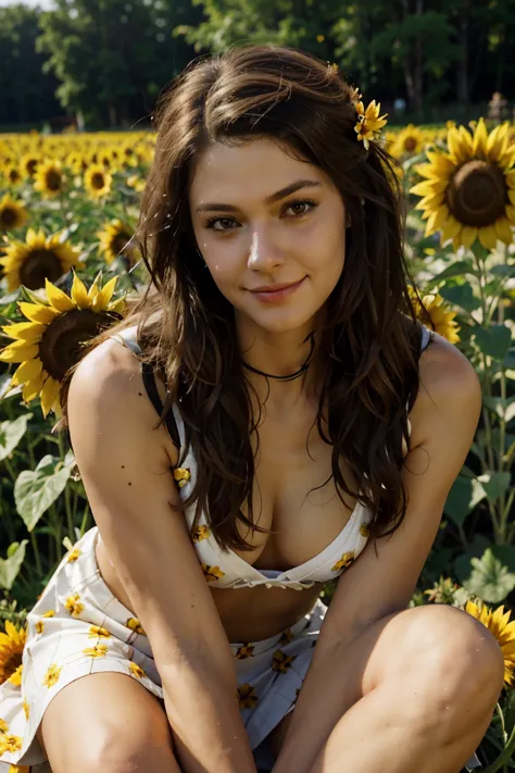 (masterpiece, best quality) 1girl, KassandraAssaOdy, solo, long hair, brown hair, brown eyes, sitting in a sunflower field, smiling, flower in hair