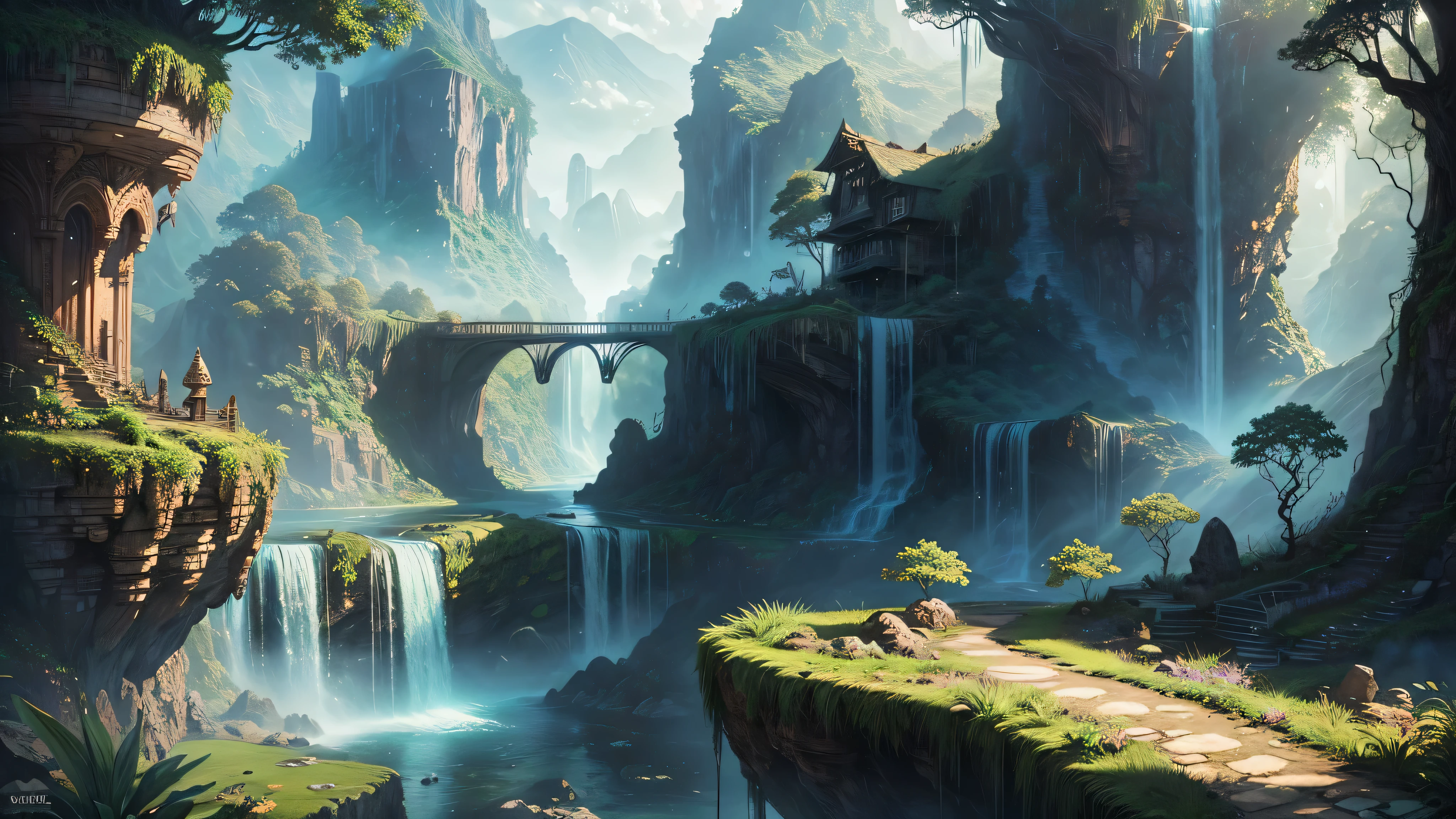 There is a waterfall in the middle of the tropical jungle, Beautiful and detailed fantasy, highly detailed fantasy, fantasy landscape, Fantasia Digital Art, Fantasy 2D Digital Art, detailed Fantasy 2D Digital Art, impressive fantasy landscape, fantasy style, fantasy style art, medieval fantasy landscape, fantasy landscape, Realistic Fantasy Illustrations, 4k fantasy art, Fantasy City