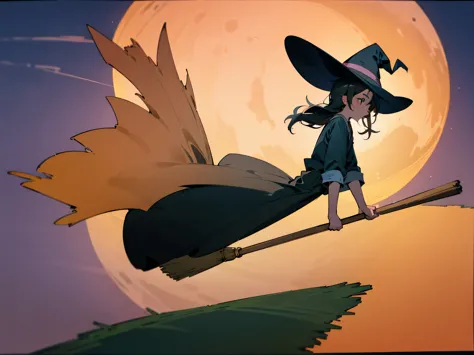 magical girl, witch hat, broom, broom riding,sitting, straddle, straddle the broom, flying through the moonlit night, the sky ab...