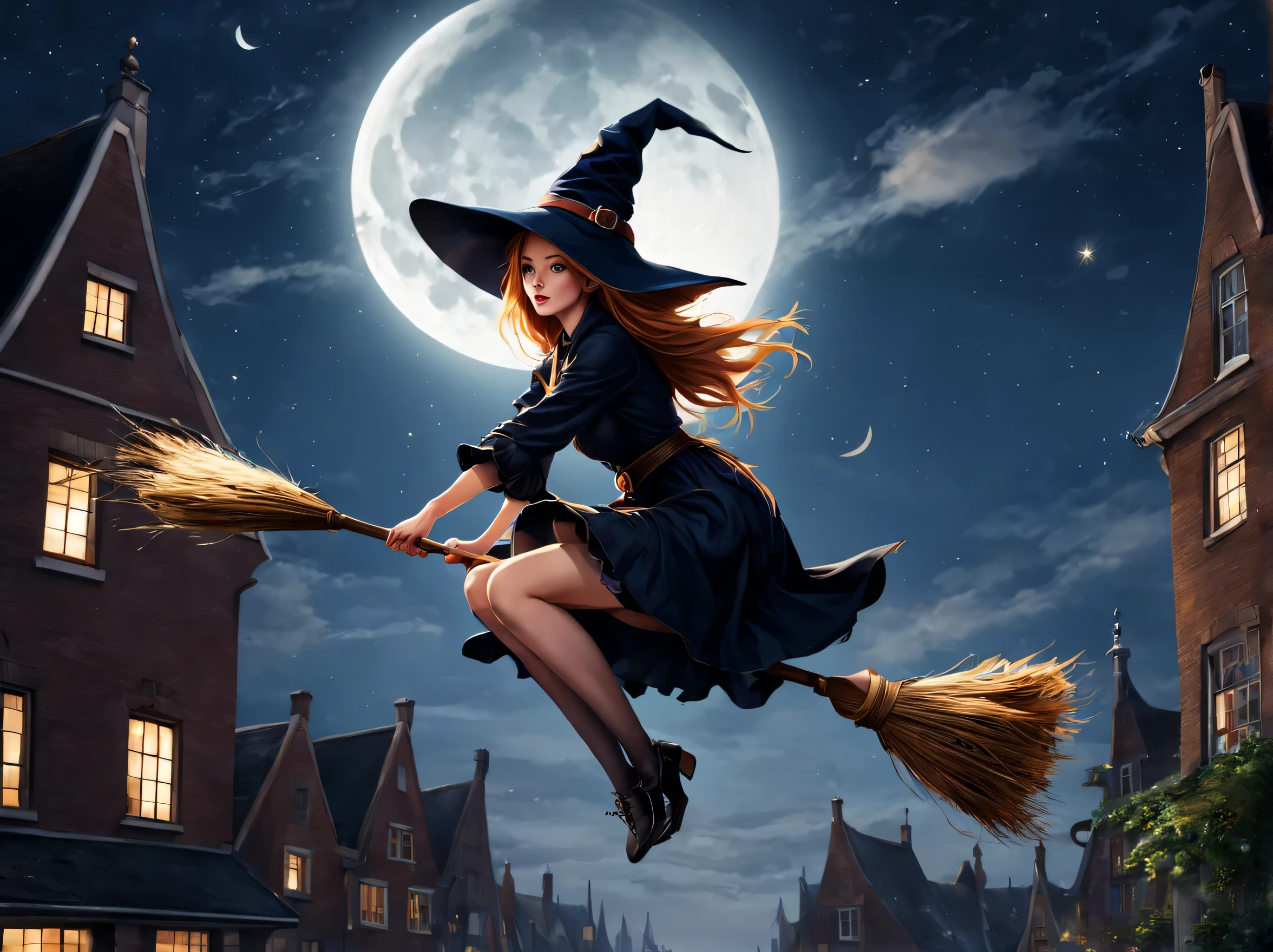 Witch flying on broom in front of a full moon SeaArt AI
