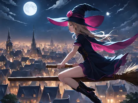 Magical girl, witch hat, broom, broom riding,sitting, straddle, straddle the broom, Flying through the moonlit night, The sky above the Dutch city, Refreshing, From the side, (masterpiece), (highest quality), (Ultra high detail)