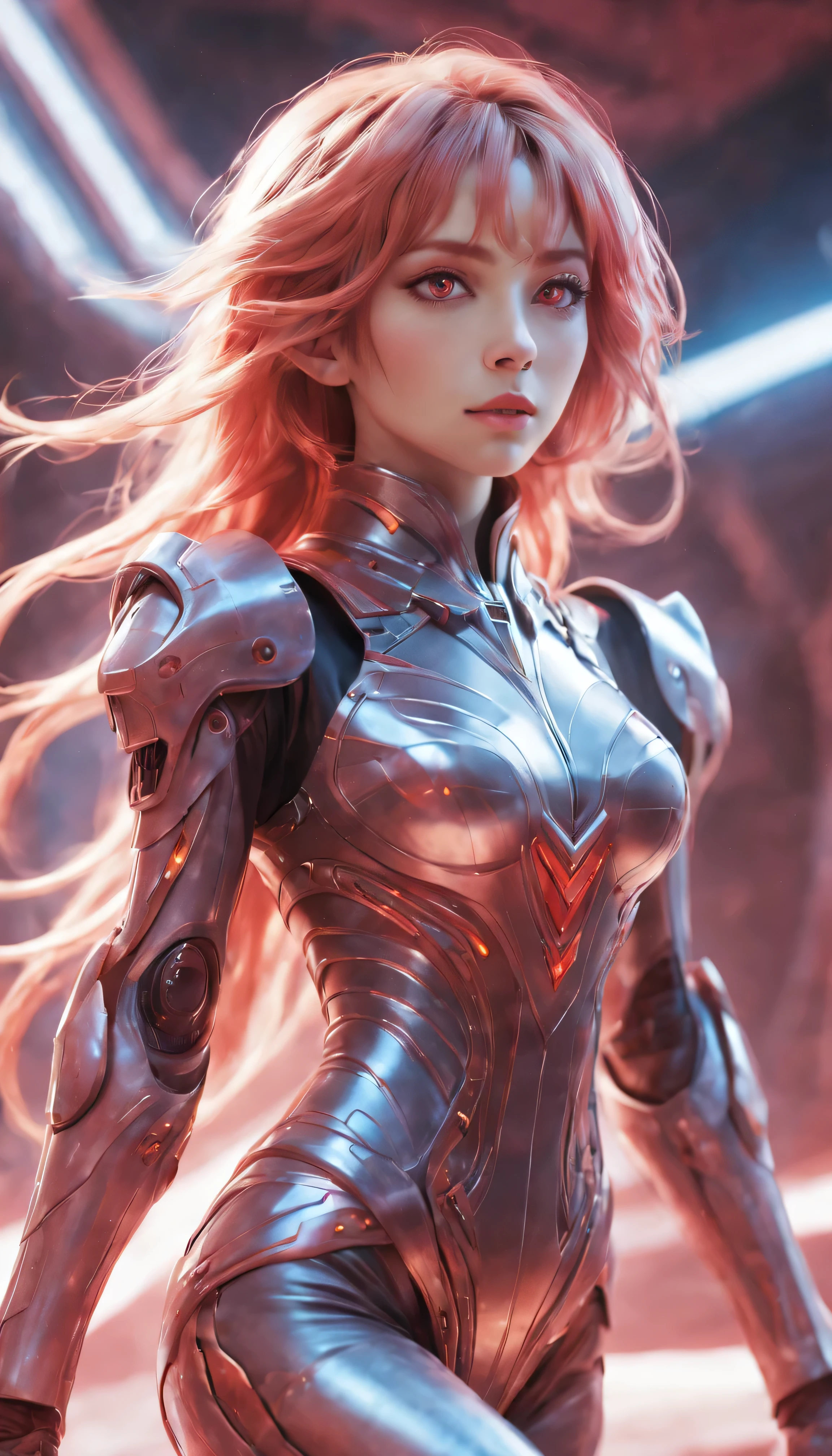 An alien woman with pinky skin, big style-cat red eyes and sand-colored hair, with small and pointed elf ears and fine and delicate features on her pretty beautiful face. She is wearing a melon evangelion style space suit armor, delicate and appropriate for a very powerful queen. She is thin, her limbs and legs look strength, tone, and muscle. Her appearance is delicate, also imposing, and authoritative. She is standing next to a throne of red velvet and with color, with a cyberpunk extraterrestrial design. The throne is in a large and luxurious hall, with high ceilings and windows that show a view of the galaxy. The hall is decorated with symbols and banners of her civilization and the universal ark coalition. Her pose is full body, sexy looking straight at the camera, with an expression of confidence and superiority. The image should show her entire body. The image should be zoomed out enough to show her full body without cutting off any part of her. Masterpiece, best quality, super detailed, very detailed illustrations, very detailed, intricate details, 8k high resolution, super complex details.