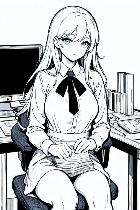 line drawing,color no,Coloring book for kids,white background,Black distinct lines on a white background,One girl sitting on a chair in office，computer,(european model:1.3),31 years old,delicate,business womenswear, sitting with cute cat