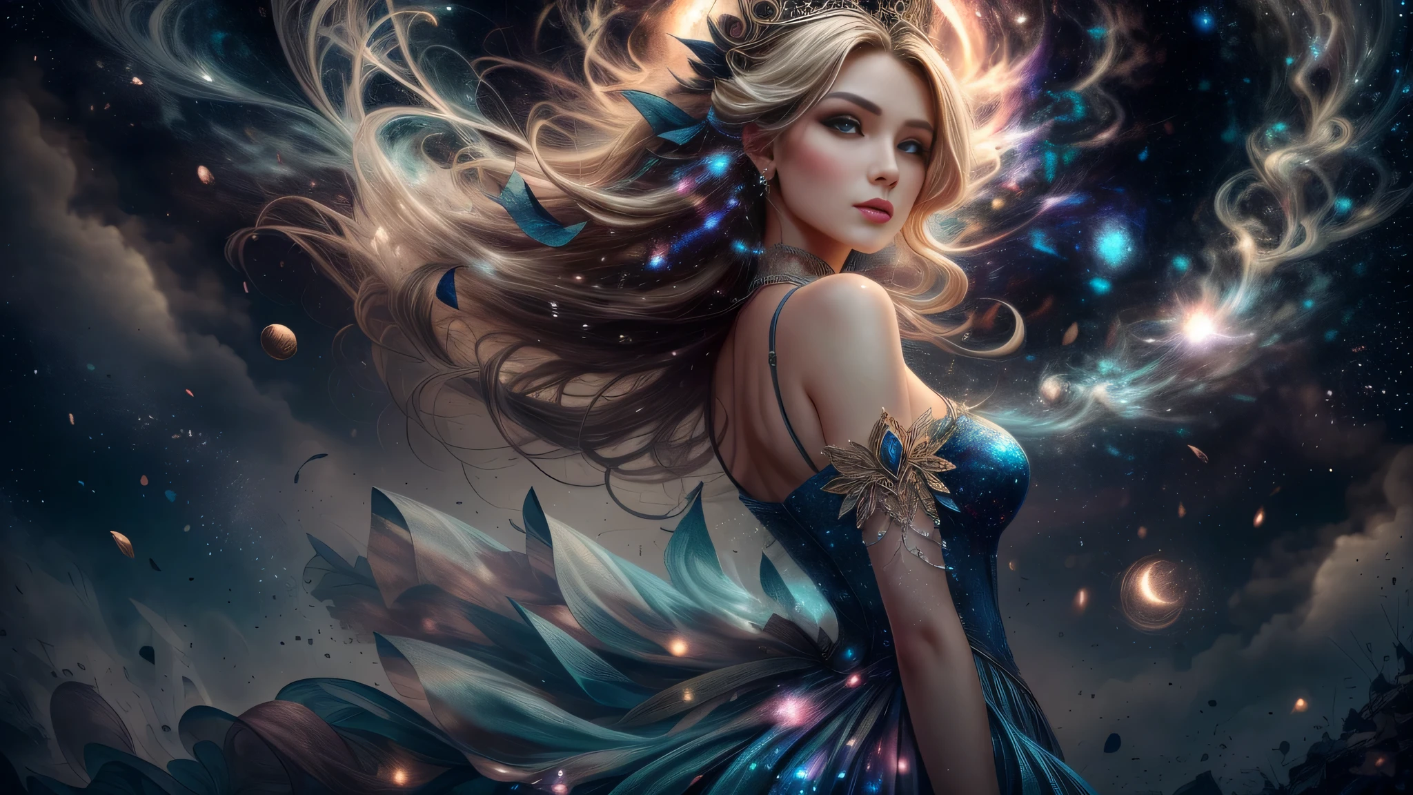 (melhor qualidade, obra de arte), mulher jovem, pose, partícula, Vento, flor, tronco, Fundo do Eclipse Noturno, Olhando para o visualizador, long straight Ventoblown blonde hair, Olhos azuis detalhados, vestido azul medieval da princesa, galáxia, retroiluminado, luz de aro, bela obra de arte, composição perfeita