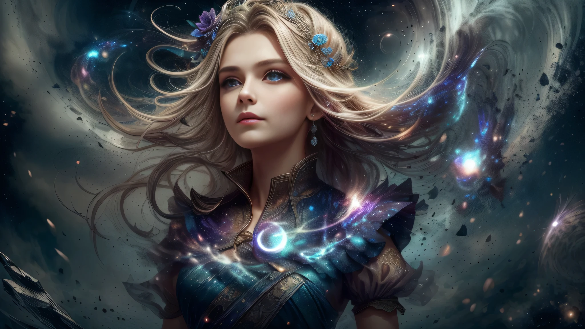 (best quality, masterpiece), young woman, pose, particle, wind, flower, upper body, night eclipse background, looking at viewer, long straight windblown blonde hair, detailded blue eyes, medieval princess blue dress, galaxy, backlit, rimlight, beautiful artwork, perfect composition