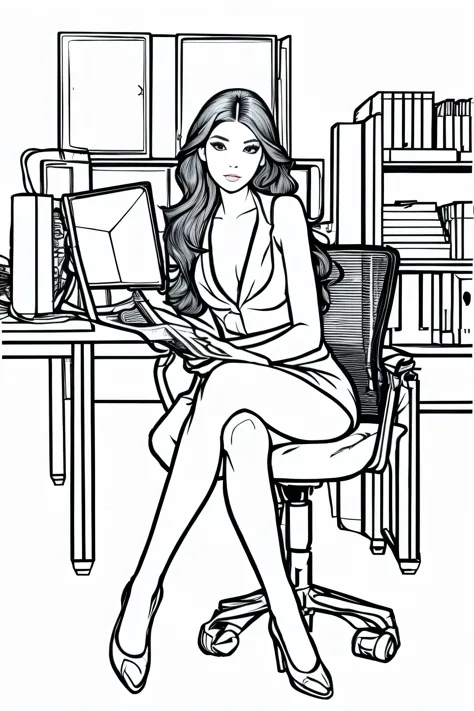 line drawing,color no,Coloring book for kids,white background,Black distinct lines on a white background,One girl sitting on a chair in office，computer,(european model:1.3),31 years old,delicate,business womenswear