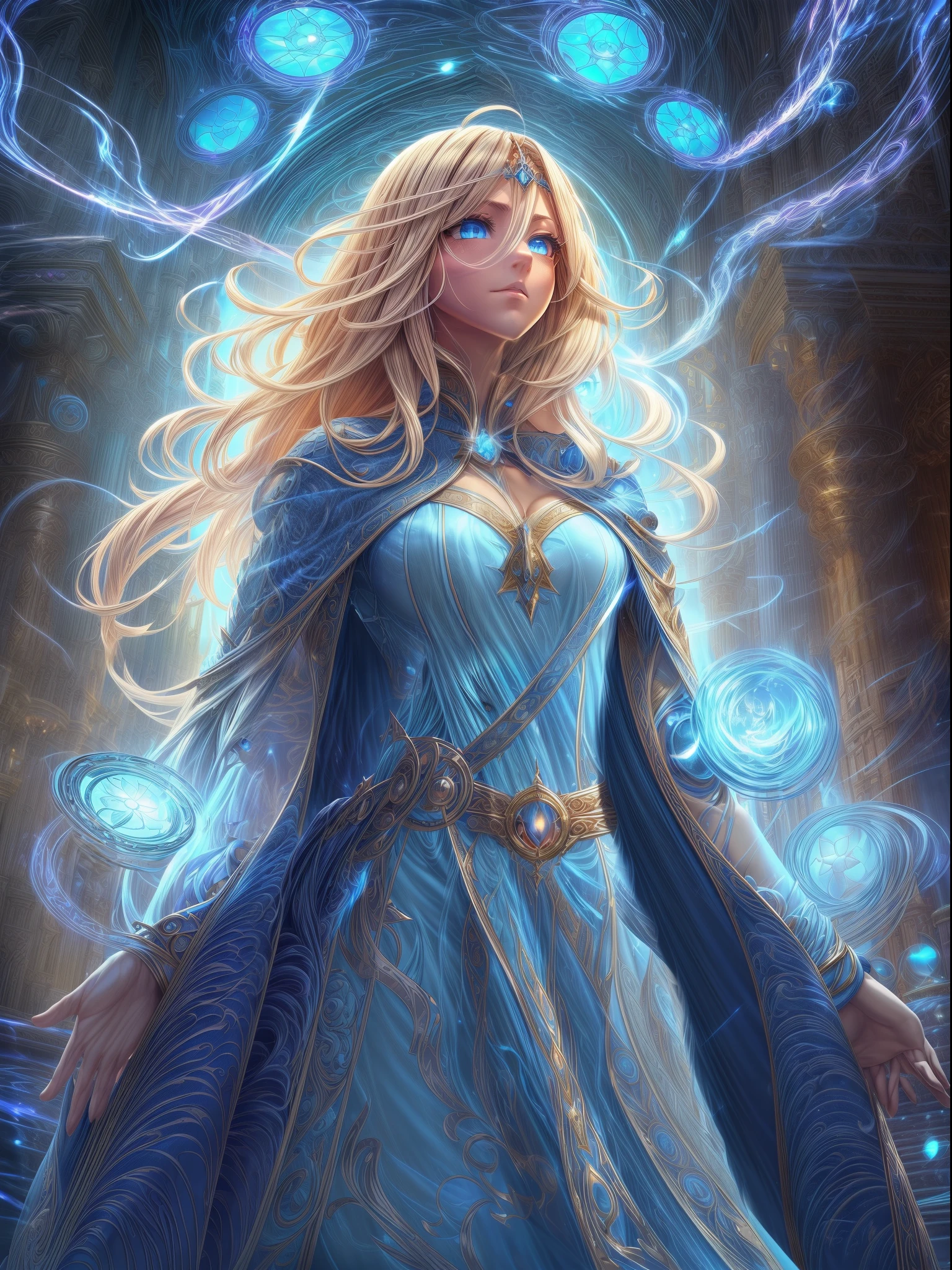 high details, best quality, 8k, [ultra detailed], masterpiece, best quality, (extremely detailed), dynamic angle, ultra wide shot, photorealistic, fantasy art, dnd art, rpg art, realistic art, an ultra wide picture of a female human (1.5 intricate details, Masterpiece, best quality) godess of light (( blue radiant aural)),  ((controlling a swirling blue radiant magic)), manipulating purple radiant magical sigils, human female, blond  hair, long hair with aura, hair with radiant eyes, intense eyes, ((radiant eyes)), ((glowing eyes)), dynamic clothing, fantasy temple background, ((divine worship atmosphere)), high details, best quality, highres, ultra wide angle