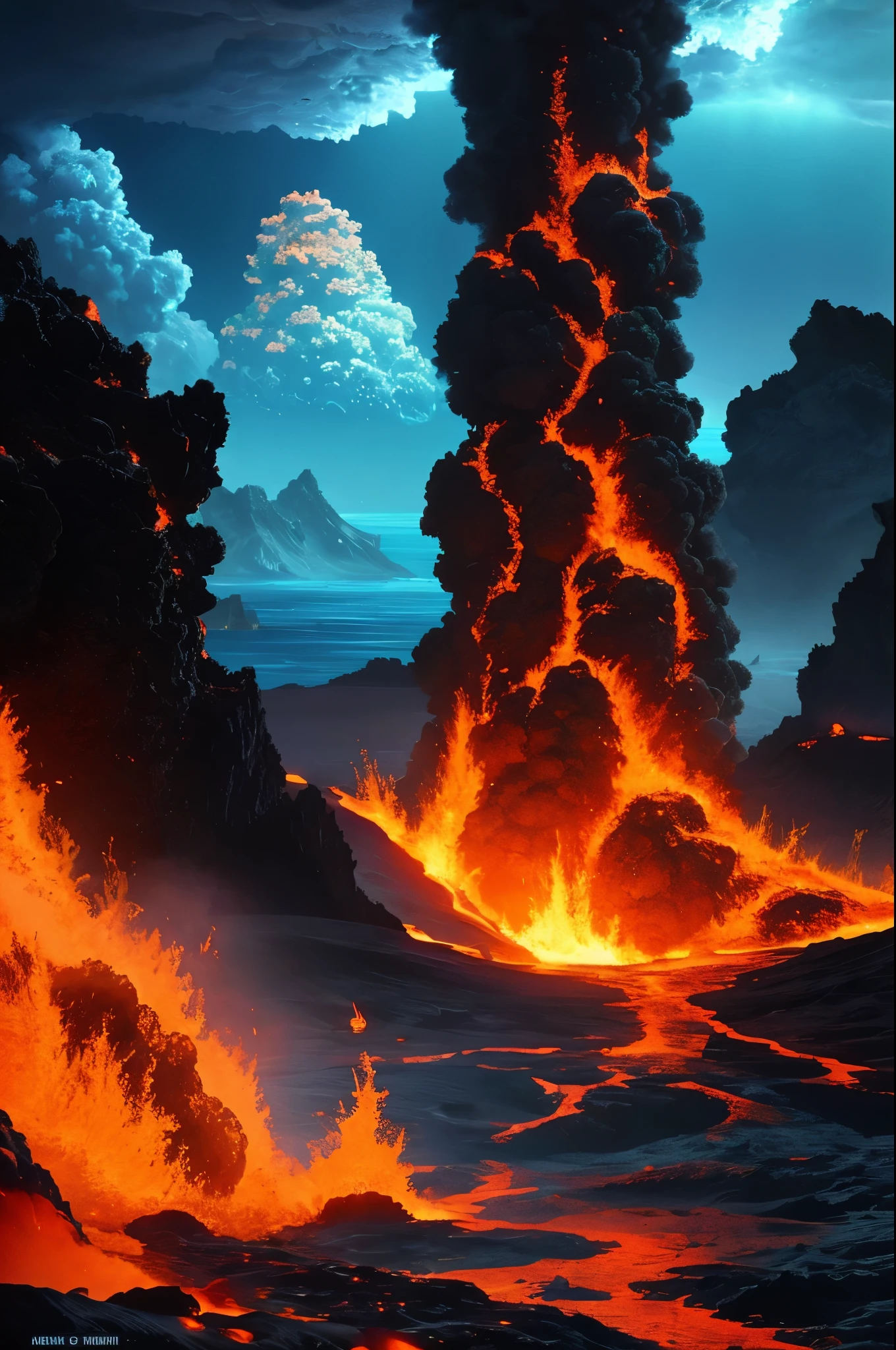 cean floor，Undersea volcanic eruption，magma，vapour，8K，Future Oceans，sci-fy，poster 