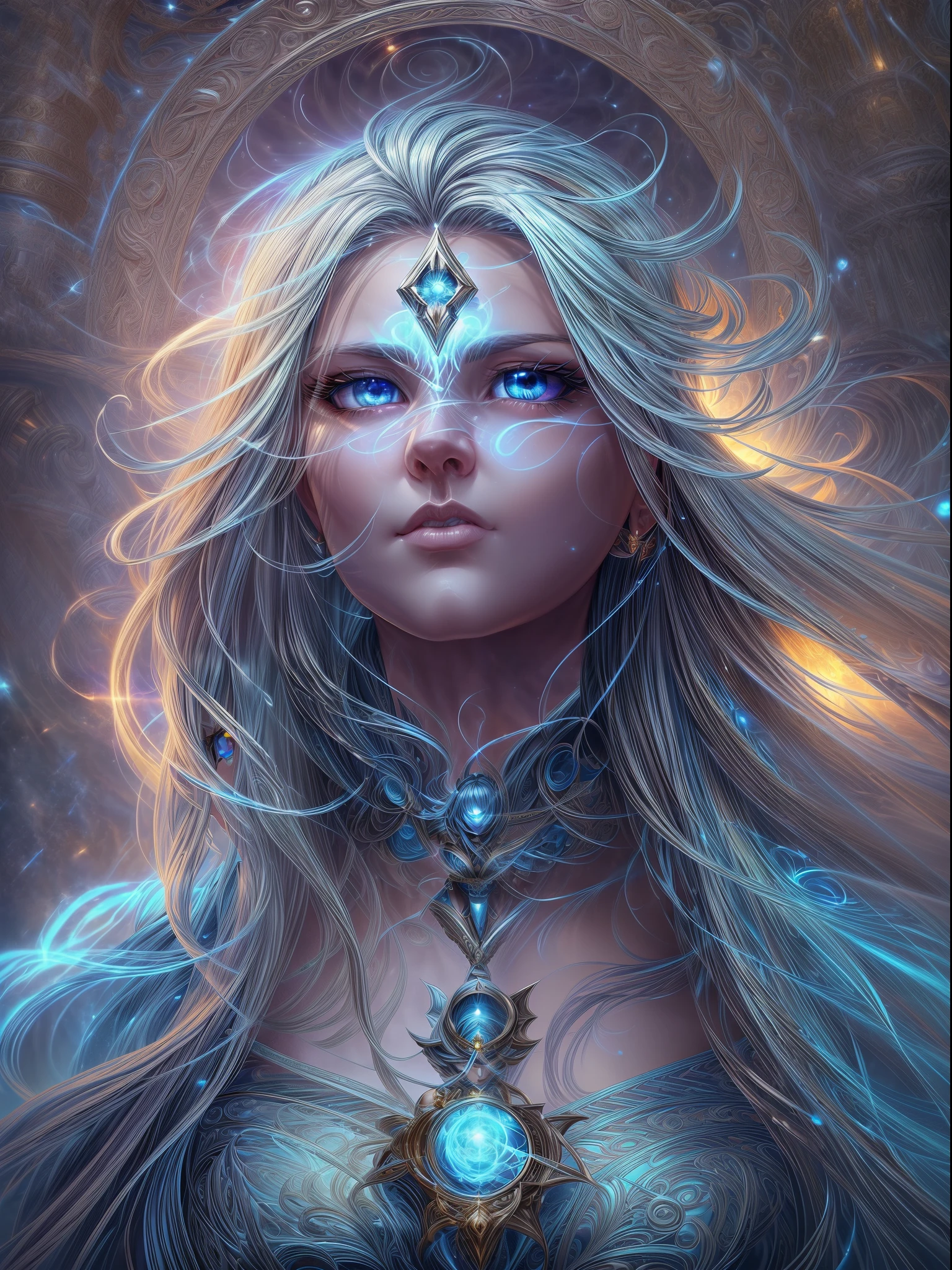 high details, best quality, 8k, [ultra detailed], masterpiece, best quality, (extremely detailed), dynamic angle, ultra wide shot, photorealistic, fantasy art, dnd art, rpg art, realistic art, an ultra wide picture of a female human (1.5 intricate details, Masterpiece, best quality) godess of light (( blue radiant aural)),  ((controlling a swirling blue radiant magic)), manipulating purple radiant magical sigils, human female, blond  hair, long hair with aura, hair with radiant eyes, intense eyes, ((radiant eyes)), ((glowing eyes)), dynamic clothing, fantasy temple background, ((divine worship atmosphere)), high details, best quality, highres, ultra wide angle