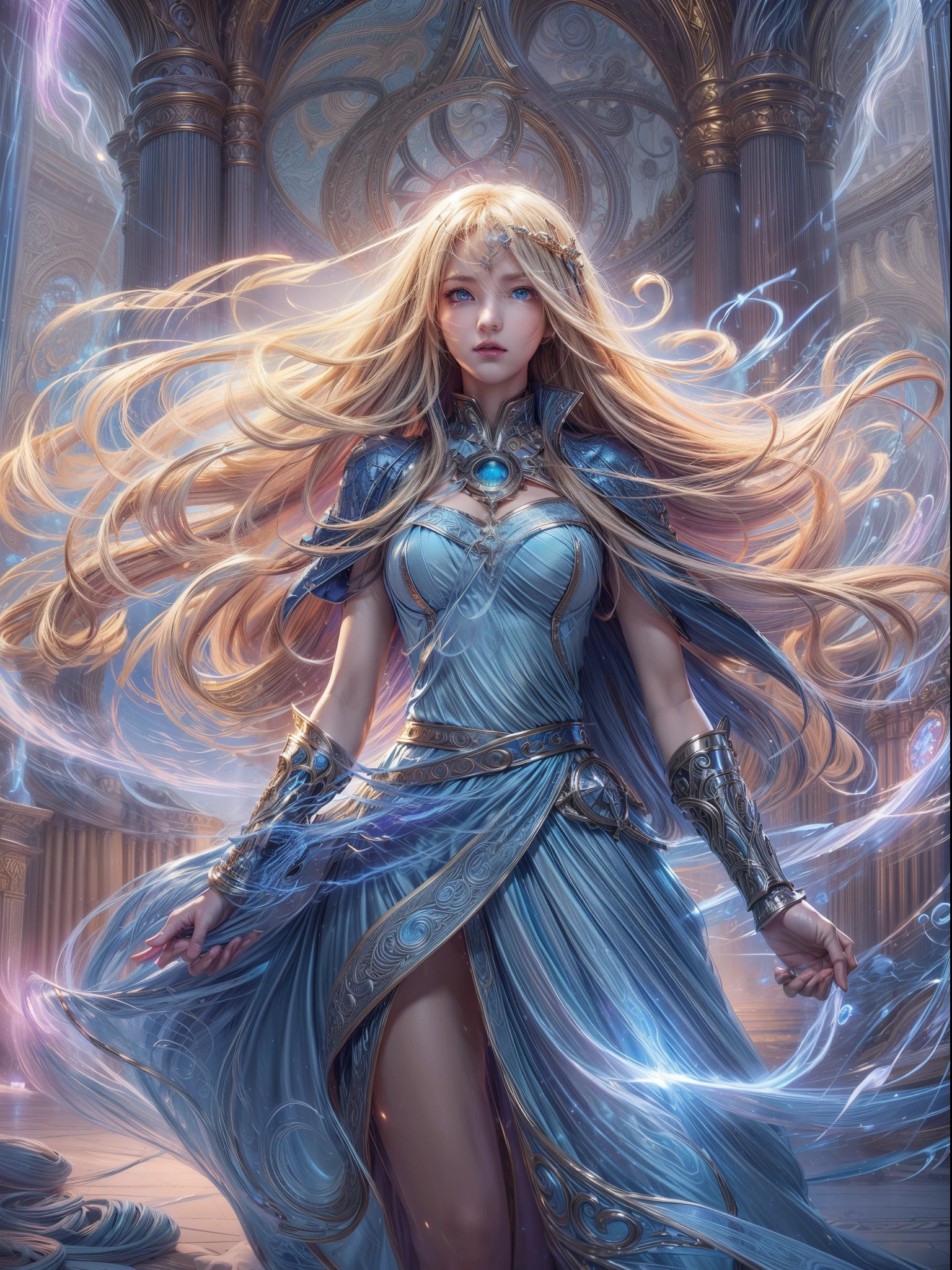 high details, best quality, 8k, [ultra detailed], masterpiece, best quality, (extremely detailed), dynamic angle, ultra wide shot, photorealistic, fantasy art, dnd art, rpg art, realistic art, an ultra wide picture of a female human (1.5 intricate details, Masterpiece, best quality) godess of light (( blue radiant aural)),  ((controlling a swirling blue radiant magic)), manipulating purple radiant magical sigils, human female, blond  hair, long hair with aura, hair with radiant eyes, intense eyes, ((radiant eyes)), ((glowing eyes)), dynamic clothing, fantasy temple background, ((divine worship atmosphere)), high details, best quality, highres, ultra wide angle