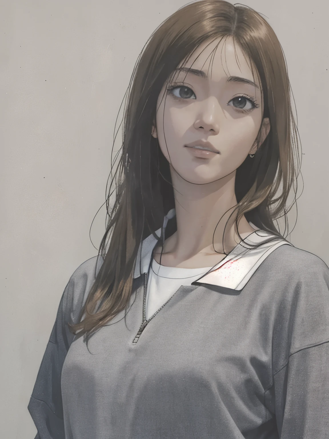 beautiful anime potrait, stunning anime face, Best image quality, indonesian woman, adult woman,light skin. ((grey plain background)), (Takehiko Inoue art style), (slam dunk art), half body.