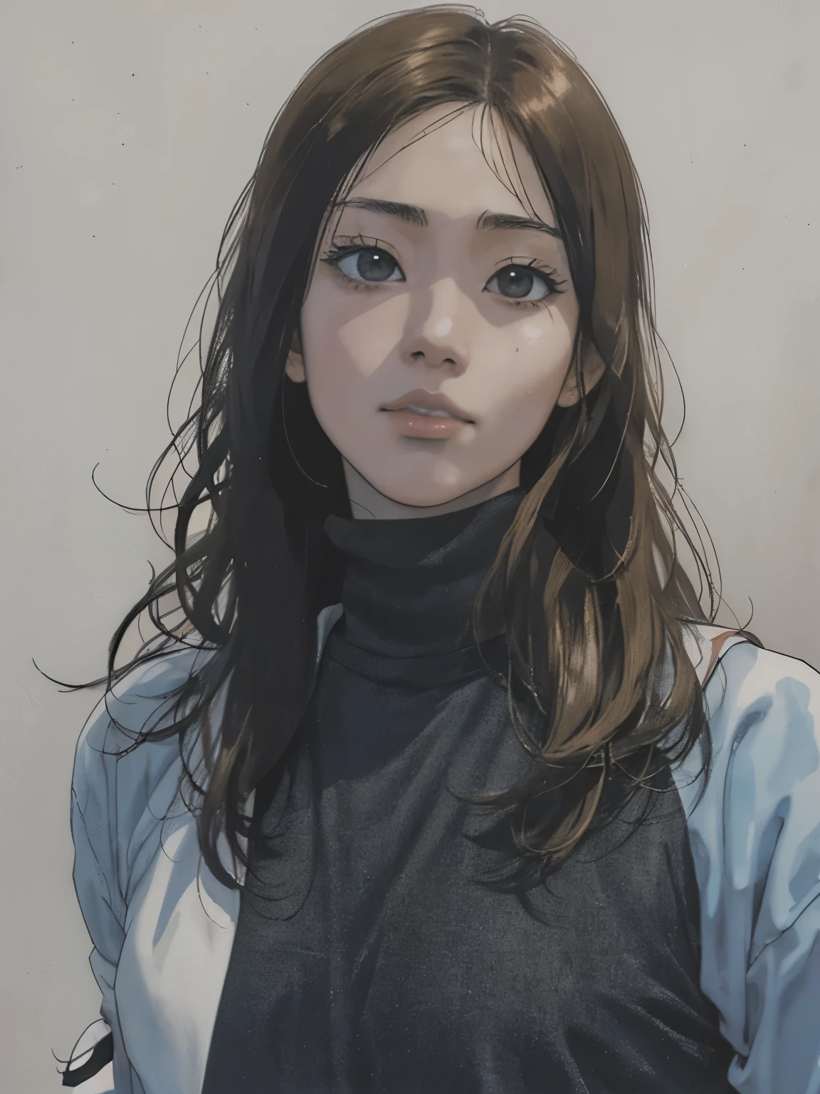 beau portrait d&#39;anime, superbe visage d&#39;anime, Meilleure qualité d&#39;image, Femme indonésienne, femme adulte,Peau claire. ((fond uni gris)), (Style artistique de Takehiko Inoue), (art de slam dunk), demi-corps.