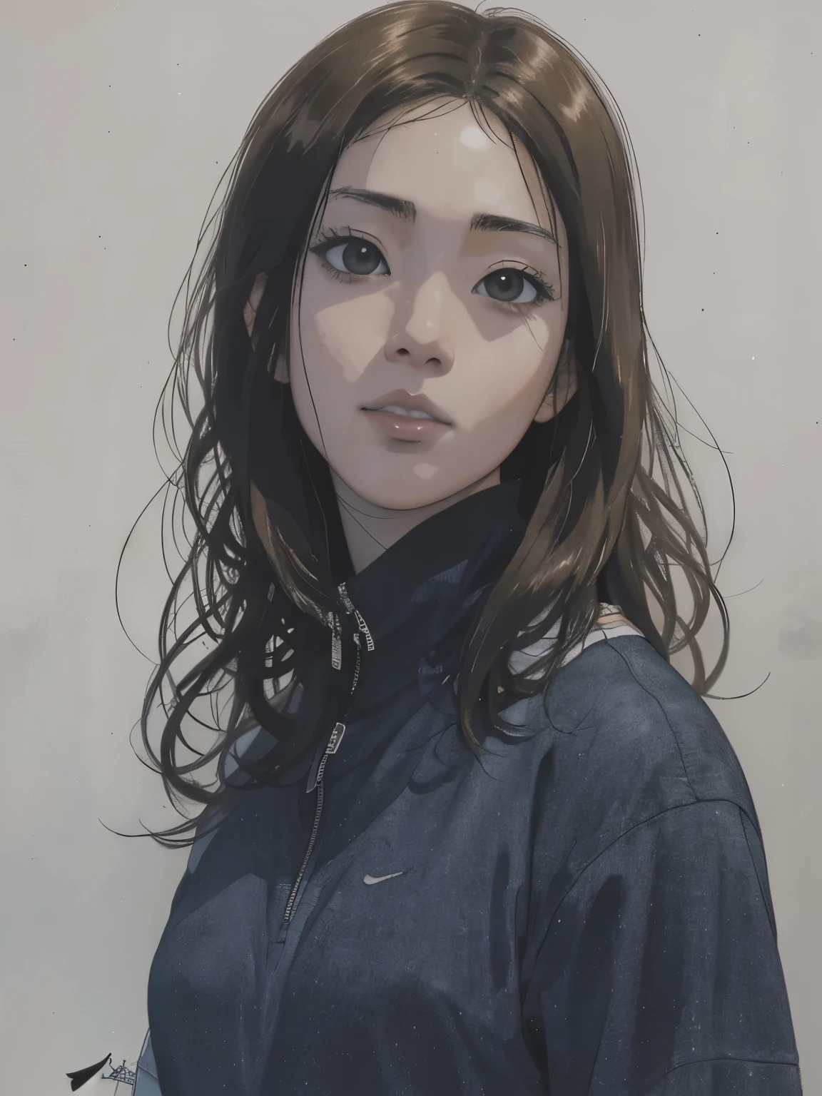 beautiful anime potrait, stunning anime face, Best image quality, indonesian woman, adult woman,light skin. ((grey plain background)), (Takehiko Inoue art style), (slam dunk art), half body.