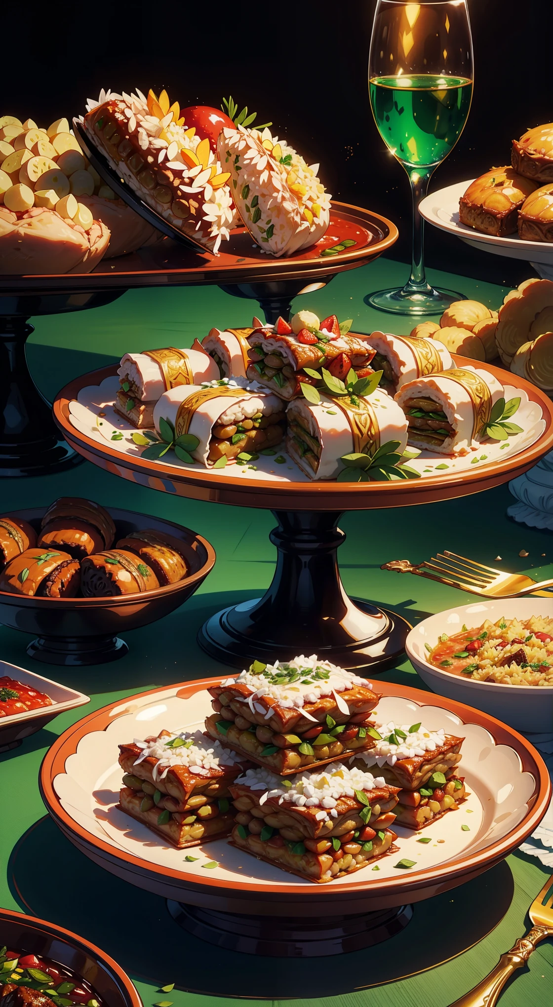 Illustrate a lavish spread of delicious Eid delicacies, including succulent lamb or goat dishes, aromatic rice, and an array of delectable sweets like baklava and ma'amoul.