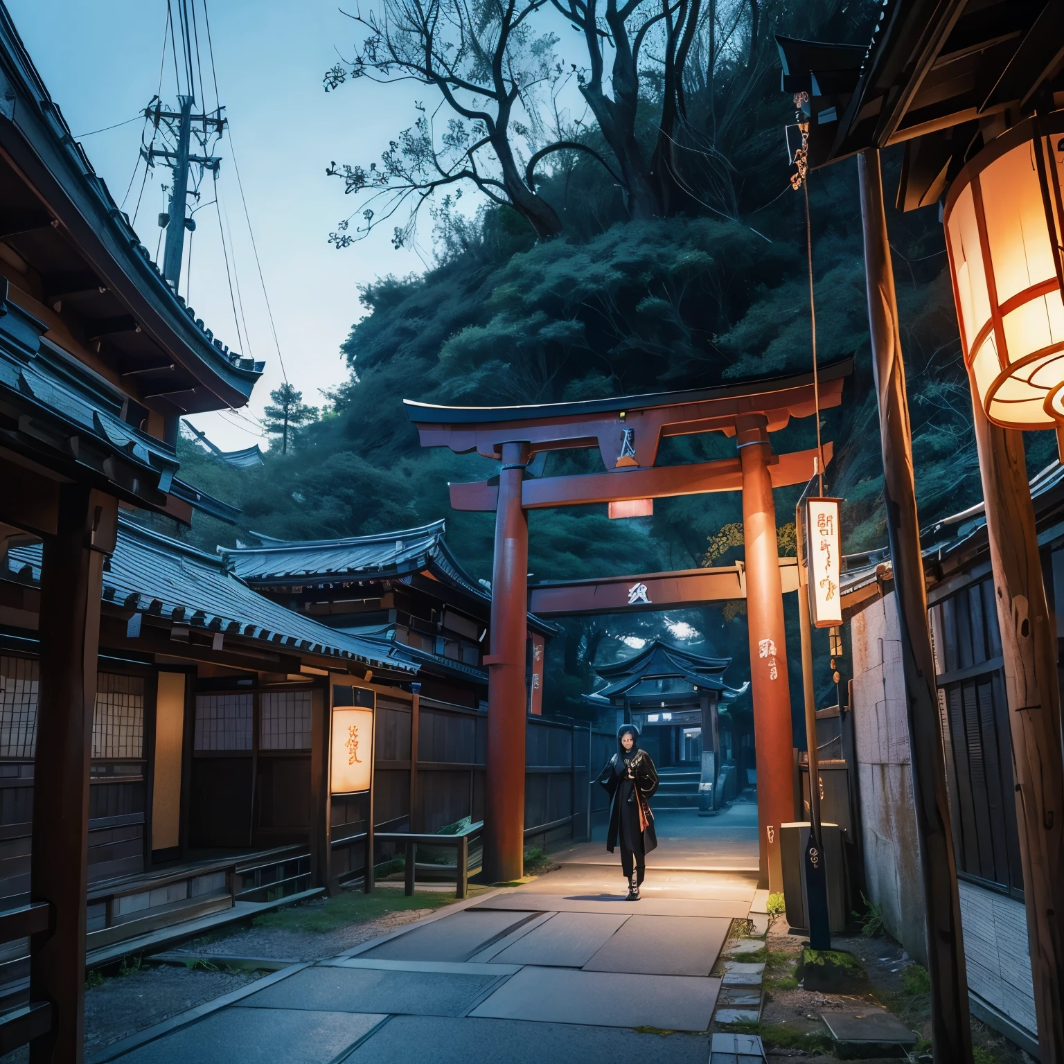 Wearing cyberpunk Japanese clothes、Torii gate with ruins in the background、Dark atmosphere based on black、Japanese God is nearby