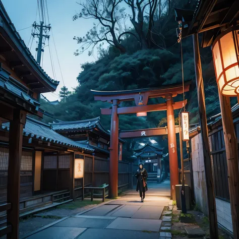 wearing cyberpunk japanese clothes、torii gate with ruins in the background、dark atmosphere based on black、japanese god is nearby