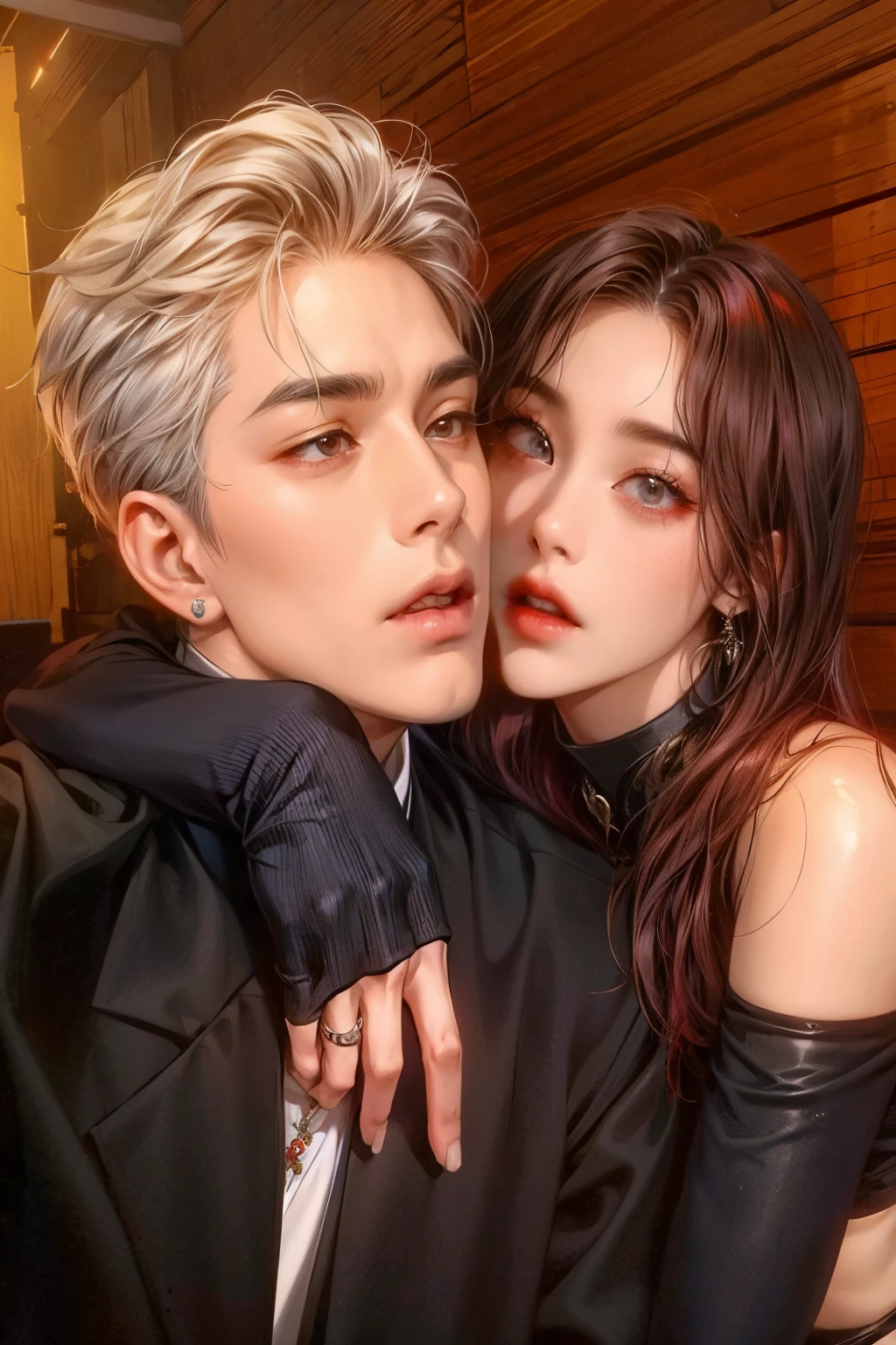 Une girafe et une femme aux cheveux roux et vêtue d'un costume noir, Nixeu et Sakimichan, cai xukun, avec du noir, avec du lierre, Kim Doyoung, taejune kim, ils sont proches les uns des autres, pose de couple, kda et sam qui, Sol Yunjoo, shaxi, ils ont tous les deux les lèvres rouges, jia, Ruan Jia et Brom