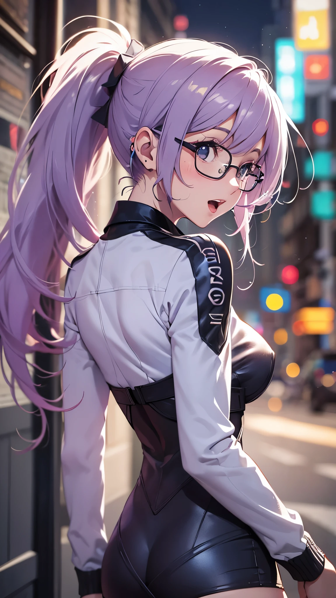 woman,25 years old,,city,night,(((white and blue tight miniskirt bodysuit))),,open mouth smile(())(glasses),((beautiful long ponytail)),(()),blush、surprised face,((())),((turn around and look back))wet with sweat