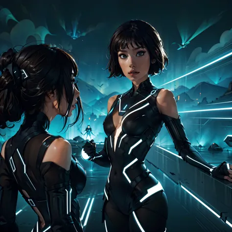 tron character movie woman lora woman quorra, obra maestra, 4k, mejor calidad, rostros super detallado, vista desde atras, tiro ...