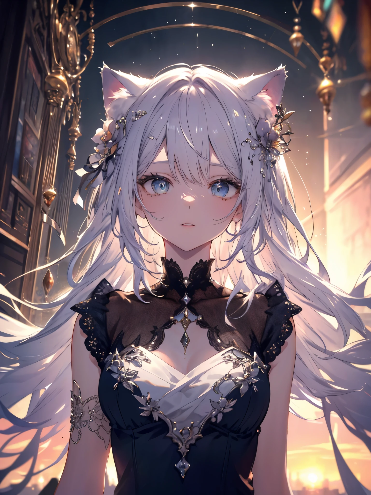 High definition RAW color art, Animation,sculptures, Silver Marble Skin, (((Ultra detailed elegant))), Magical atmosphere, Detailed skin, Texture,(Intricately detailed, Fine detail, ultra-detail art), depth of field, bokeh, Silky Touch, Hyper Detail, beautiful eyes, elegant face, body-line, cat ear, sunrise, view from below