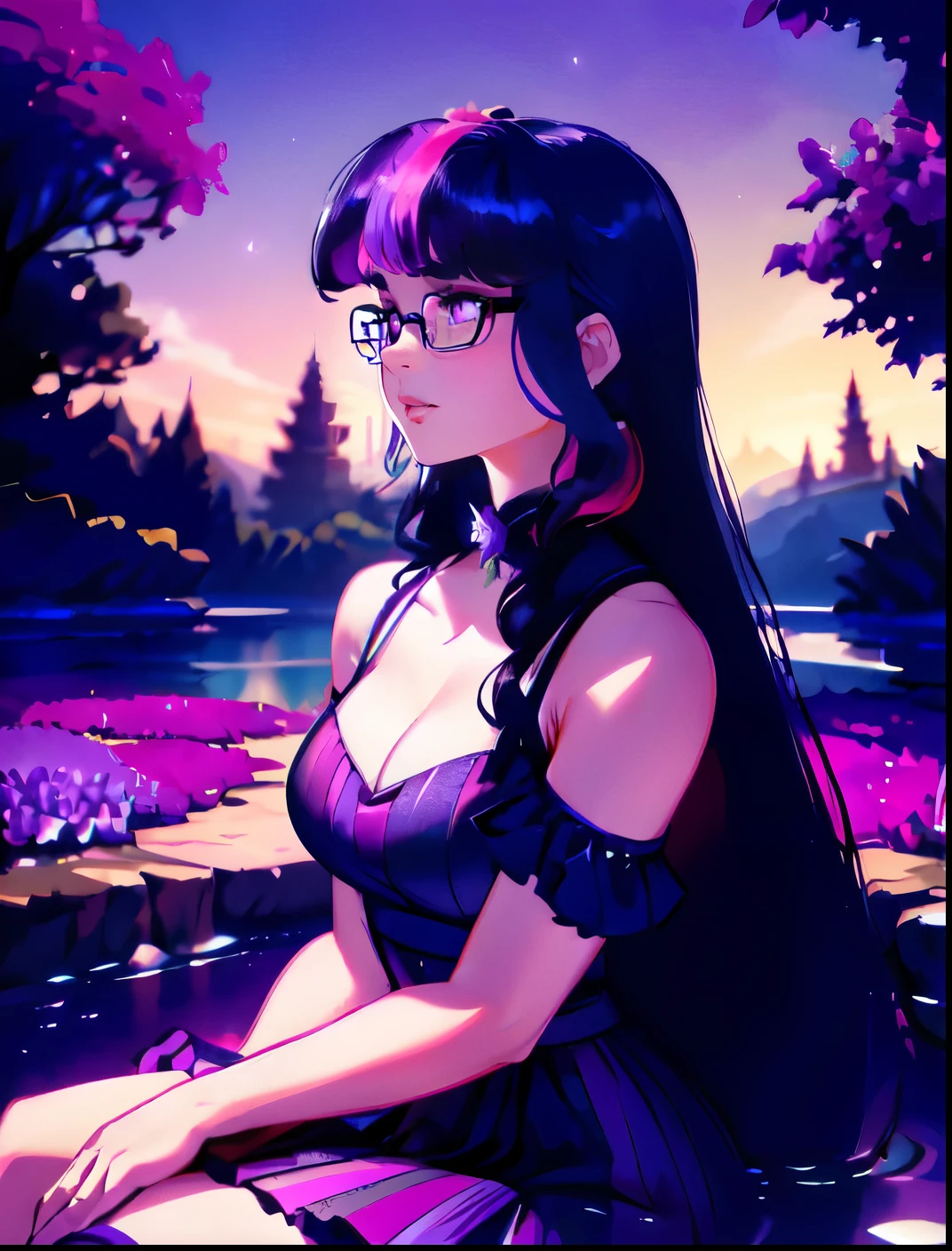 Anime girl sitting on a bench in a purple dress - SeaArt AI