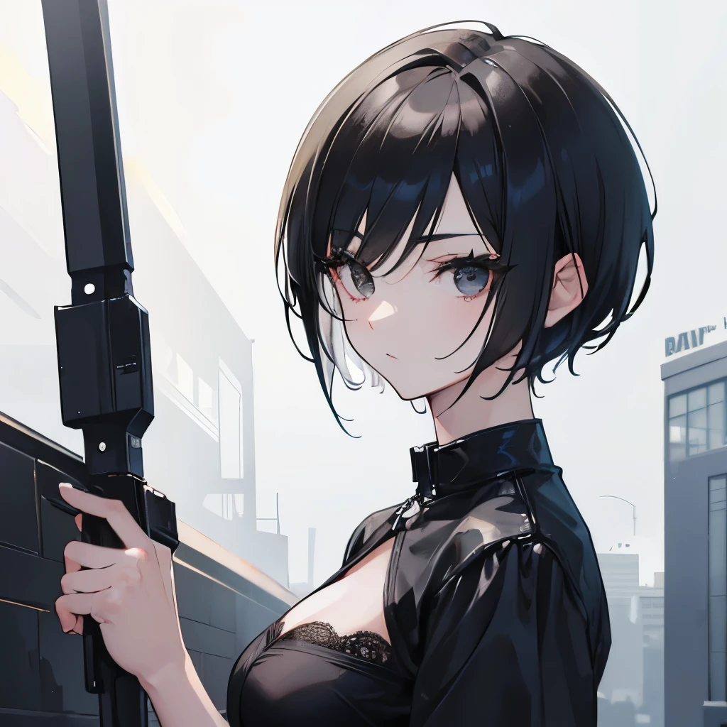 Anime girl with gun in hand standing in front of a building - SeaArt AI