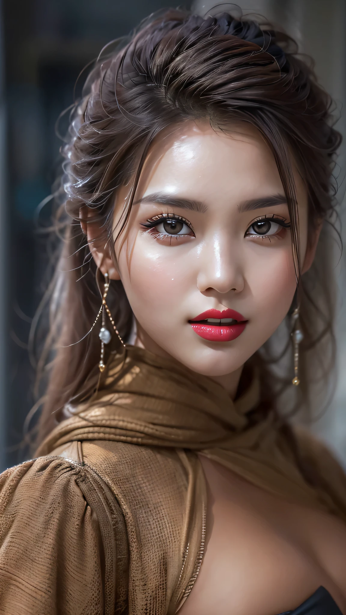 （8K， RAW photos， best qualtiy， tmasterpiece：1.2)，（realisticlying， photograph realistic：1.4)，(detailed street:1.4), The ultra -The high-definition、high high quality， highdetailskin，(beautiful 20 years old 1 girl:1.2), evening gown, (large breasts:1.25), (small head:1.4), detailed eyes detailed pupils multiple eyes, split_ponytail, gentle_face, (seduce expression:1.4), dynamic angle, dynamic view, (Glamour, paparazzi taking pictures of her)、 contrast、 (dark shot:1.17)、 Long blue_eyelashes:1.22、 (matte_eyeshadows:1.3)、 red_lipstick:1.38、((perfect round eyes))、 dark_pink_makeup:134、(matte skin:1.3), (Super beautiful detailed face:1.4)、(detailed eyes:1.2)、(detailed lips:1.2)、(Detailed nose:1.2)、((very delicate and beautiful、fine details:1.2)、