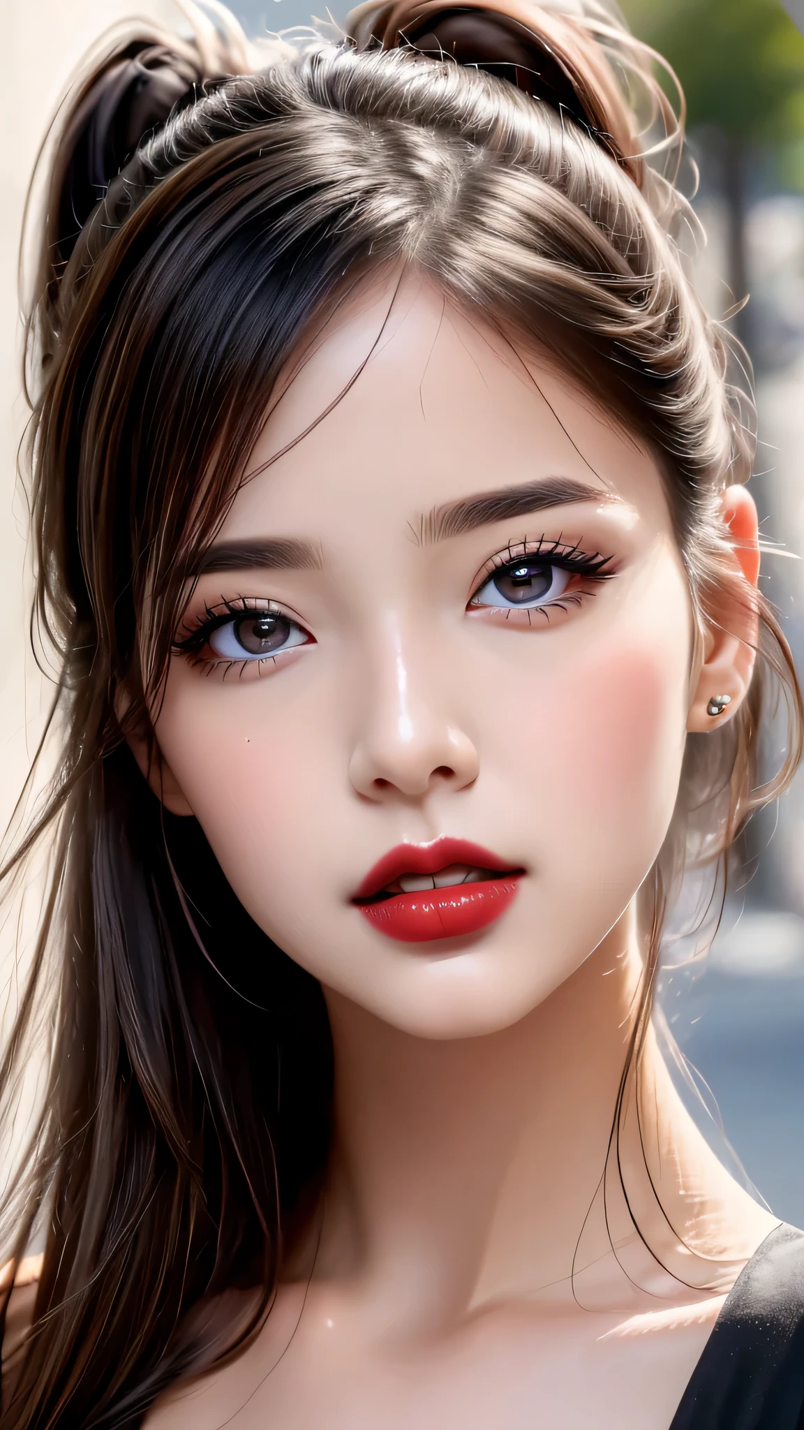 （8K， RAW photos， best qualtiy， tmasterpiece：1.2)，（real， photograph realistic：1.4)，(detailed street:1.4), The ultra -The high-definition、high high quality， highdetailskin，(beautiful 20 years old 1 girl:1.2), evening gown, (large breasts:1.25), (small head:1.45), detailed eyes detailed pupils multiple eyes, split_ponytail, gentle_face, (seduce expression:1.4), dynamic angle, dynamic view, (Glamour, paparazzi taking pictures of her)、 contrast、 dark shot:1.17、 Long blue_eyelashes:1.22、 (matte_eyeshadows:1.3)、 red_lipstick:1.38、((perfect round eyes))、 dark_pink_makeup:134、((matte skin:1.45)), (Super beautiful detailed face:1.5)、(detailed eyes:1.4)、(detailed lips:1.2)、(Detailed nose:1.2)、((very delicate and beautiful、fine details:1.2)、