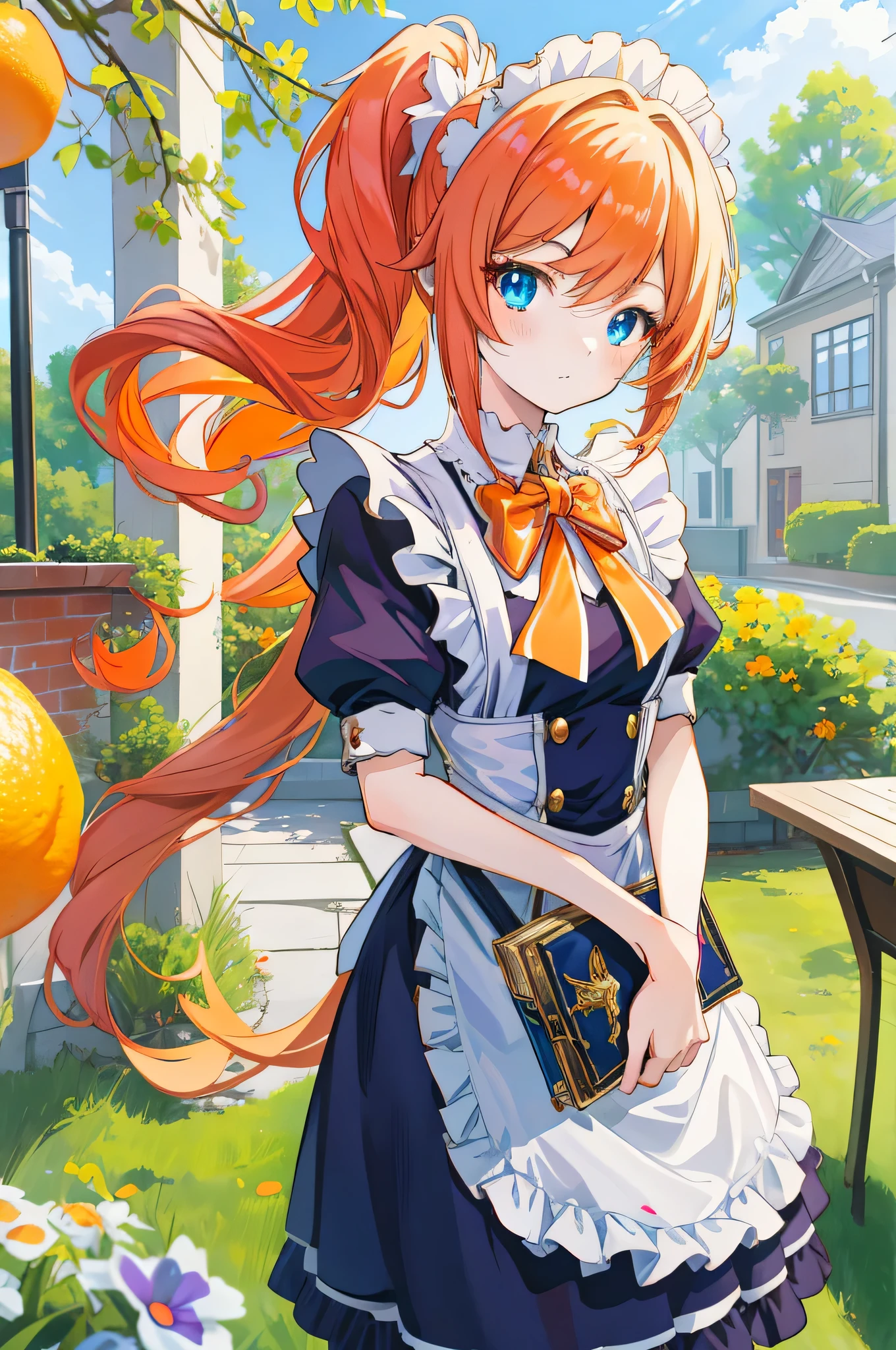 anime girl with orange hair and bow tie, Beautiful anime high school girl wearing a maid outfit, beautiful anime girl, Cute girl anime visual, cute anime girl, up of young anime girl,side ponytail,