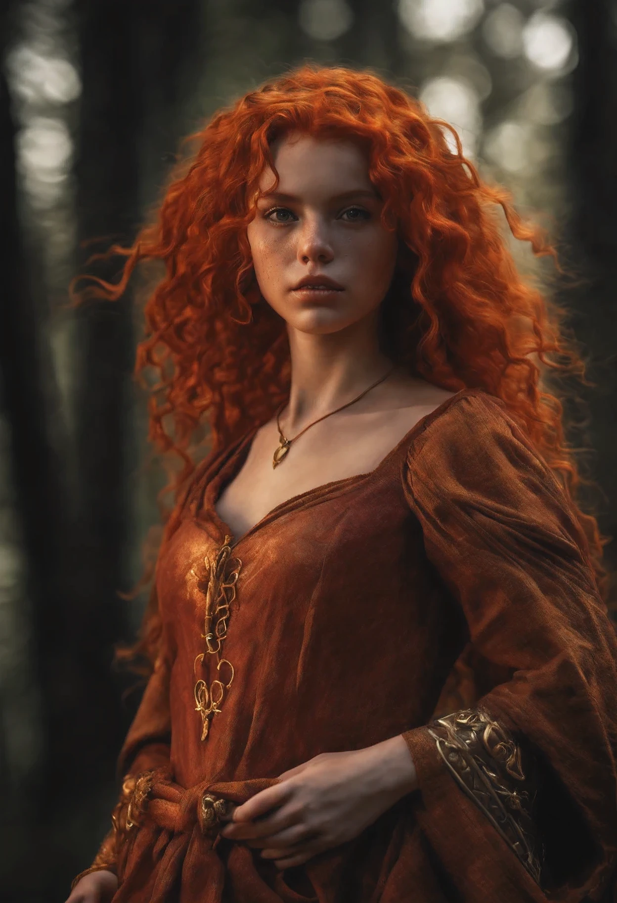 A young girl (16-17 years old) a sorceress, fiery red curly hair - SeaArt AI