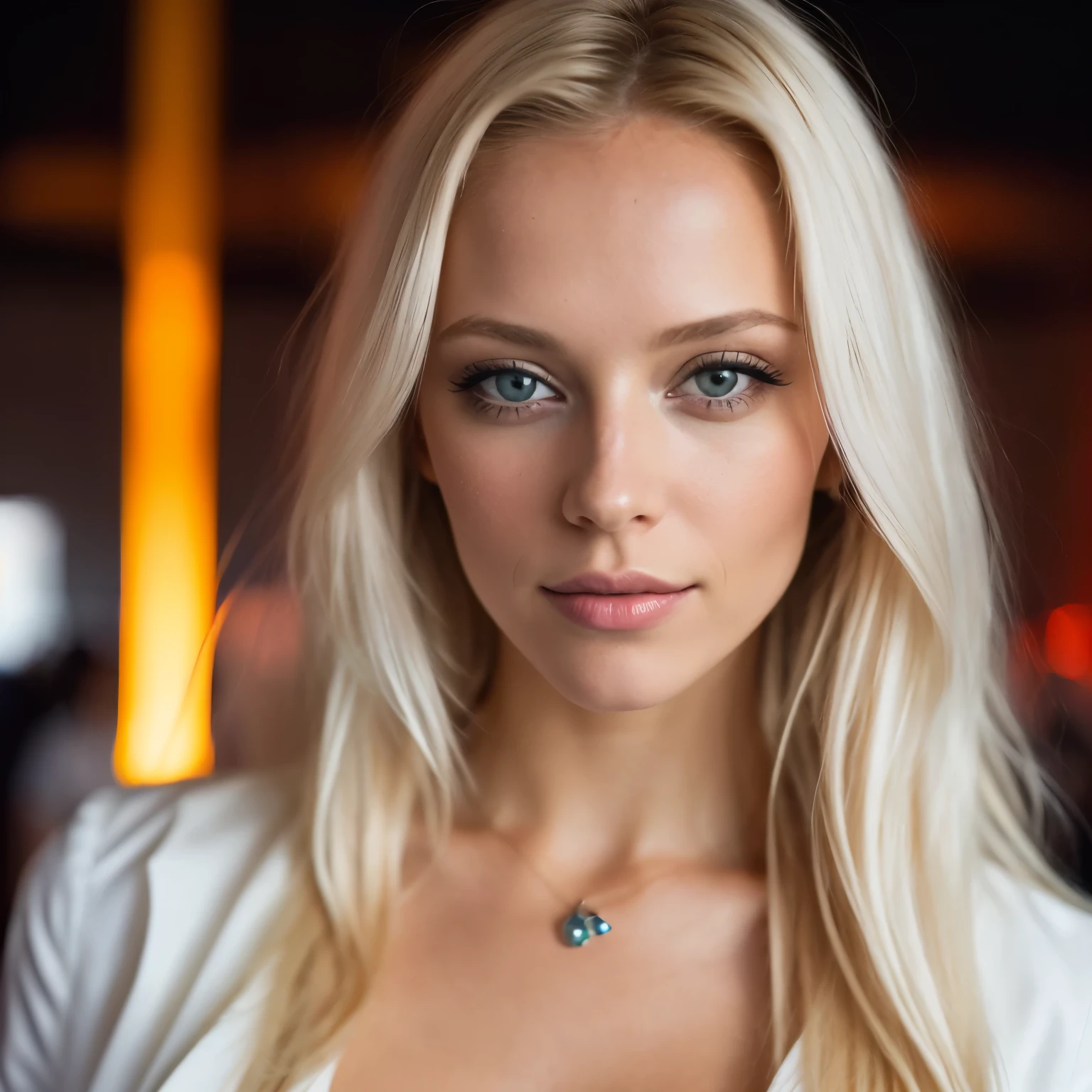 A close up of a woman with long blonde hair wearing a white shirt - SeaArt  AI