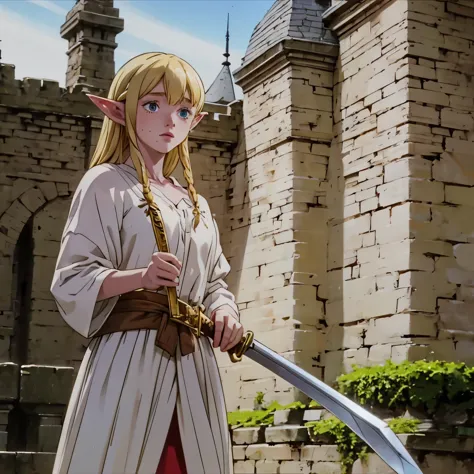 a beautiful blonde woman with elf ears and freckles, practicing with a sword