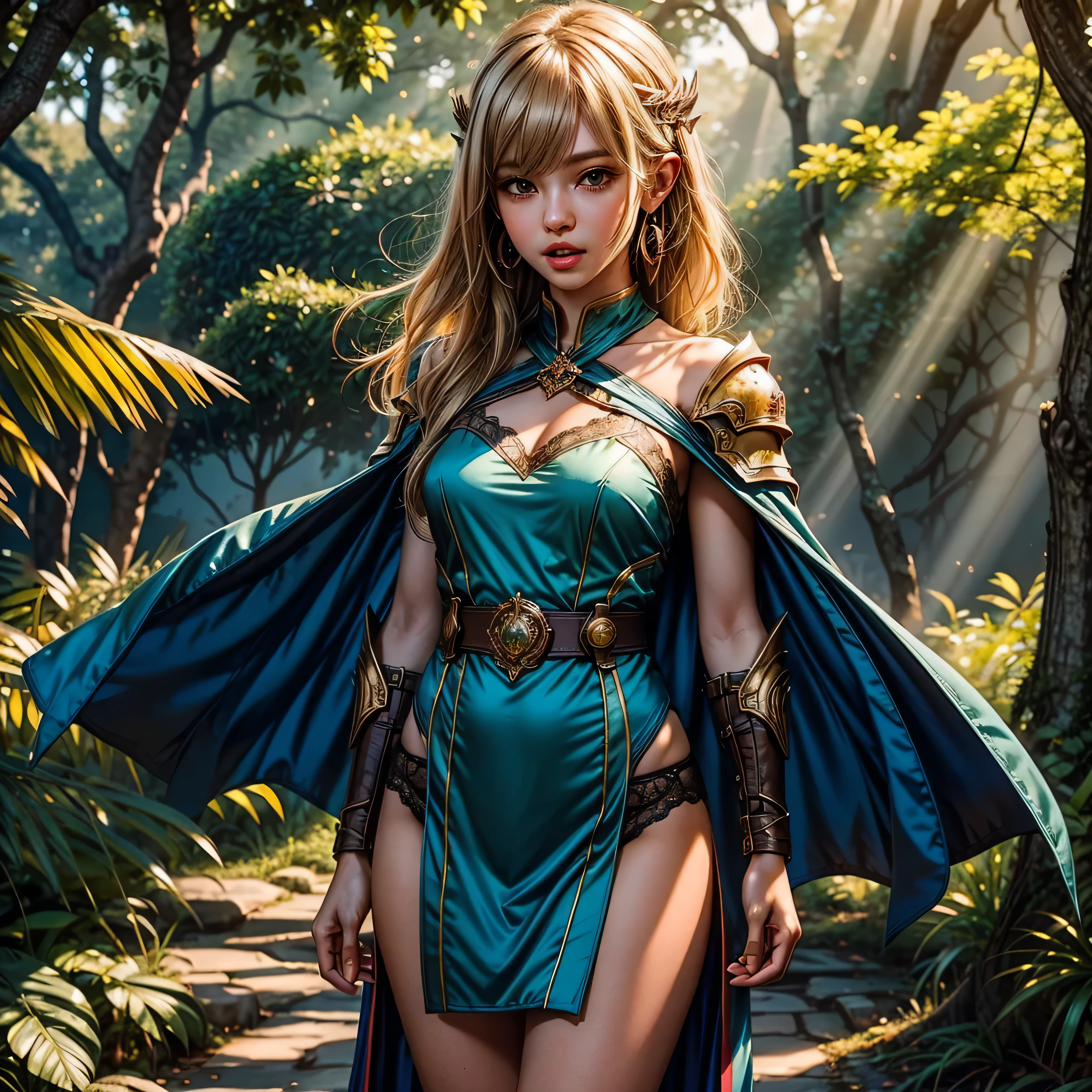 ANI_CLASSIC_deedlit_ownwaifu www.ownwaifu.com,(extremely detailed fine touch:1.2) Elf (natural light, sun light, light rays, dappled light, ray tracing:1.2), mature female , masterpiece, ultra best quality, ultra highly quality , elf pointy ears, blonde hair, long hair, circlet, green eyes, long pointy ears, very long hair, breasts, medium breasts, earrings, lips, makeup, bangs, cape, armor, blue cape, shoulder armor, pauldrons, gloves, breastplate, belt, green dress, short dress, looking at viewer, blush, open mouth, standing, (Masterpiece, extremely detailed CG, sharp line),deedlit, offcial art, Colorful, Beautiful Japanese anime style，Extremely detailed eyes and face，Sharp pupils，realistic pupil，In the woods、cabellos largos dorados，Black lace panties，Slender thighs, varies multi etc. --v 6 --s 1000 --c 20 --q 20 --chaos 100