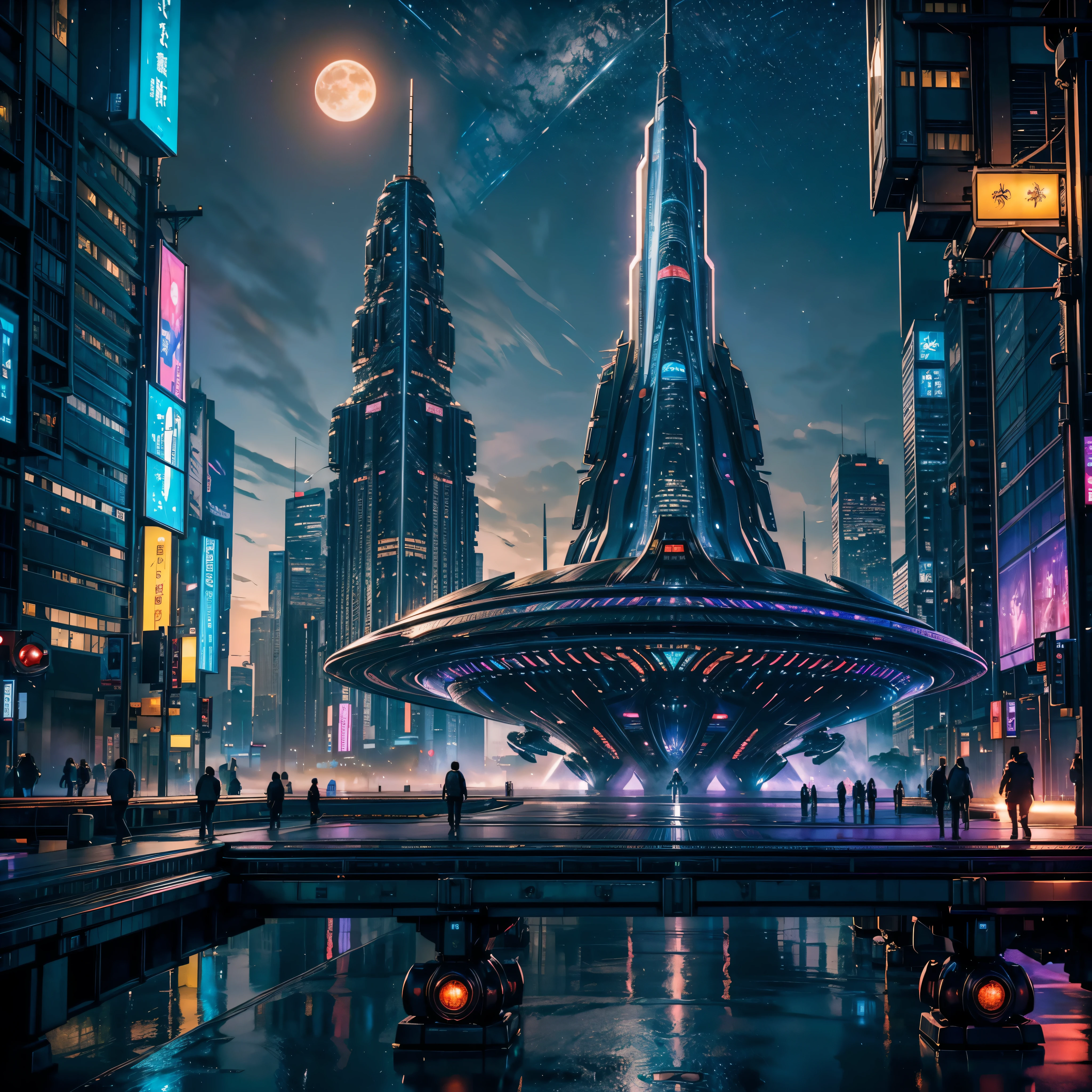 (nébuleuses hyper Nébuleuse étoilée_ciel Coucher de lune lever de lune épique clair de lune spacieux) Dans cette image futuriste d&#39;une ville la nuit，Nous avons été emmenés dans une ville pleine de technologie et d&#39;innovation。De grands gratte-ciel brillent de néons dans le ciel nocturne，Former une série de lignes colorées。Les façades de ces bâtiments sont recouvertes de matériaux réfléchissants，Reflète les lumières environnantes，Créez une atmosphère futuriste。 Dans les rues de la ville，Des voitures et des avions sans conducteur passent，Ils laissent des traces colorées dans le ciel nocturne。Ces véhicules sont constitués de métal lisse et de matériaux transparents，Cela donne une idée de la technologie et de l’avenir。Les gens portent des vêtements à la mode，Porter des lunettes et un bracelet intelligents，Intégrer la technologie。 Le centre de la ville est immense，Il y a une immense projection d&#39;écran d&#39;eau sur，Affiche une variété d&#39;images et d&#39;animations magnifiques。Des gens entourent la projection du rideau d’eau，Admirez les œuvres d&#39;art et les expositions technologiques pour une expérience interactive unique。entouré d&#39;une ceinture verte，Planter les plantes du futur，Ces plantes émettent une faible fluorescence，Ajouter une touche de vitalité et de saveur naturelle à la ville。 Au loin de l&#39;image，Nous pouvons voir un immense port spatial，Le vaisseau spatial qui décolle，Transporter des gens vers des régions inconnues de l&#39;univers。La conception architecturale du port spatial est unique，Plein de courbes et d&#39;éléments épurés，Cela donne une impression de technologie futuriste。 L&#39;ensemble du tableau est plein d&#39;un sentiment de technologie et d&#39;avenir，Montrer une ville future pleine d’innovation et d’imagination。Ce tableau riche en détails，vibrant de couleurs d&#39;imagination et de créativité，Cela donne aux gens l’impression d’être dans un monde futur plein de merveilles technologiques， (Cyberpunk night❤heart view， ultra - détaillé， détails complexes， couleur profonde， de manière réaliste， chef-d&#39;œuvre， éclairage cinématique， bokeh， moteur irréel 5， rendu par octane， lissage du film , réflexion luminescence foyer à lueur cristalline) floraison floraison invoquer la magie monarque varie multi etc.. --v 6 --s 1000 --c 20 --q 20 --chaos 100