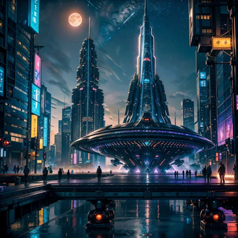 (nebulae hyper Nebula starry_sky Moonset epic moonrise spacious moonshine) In this futuristic image of a city at night，We were t...