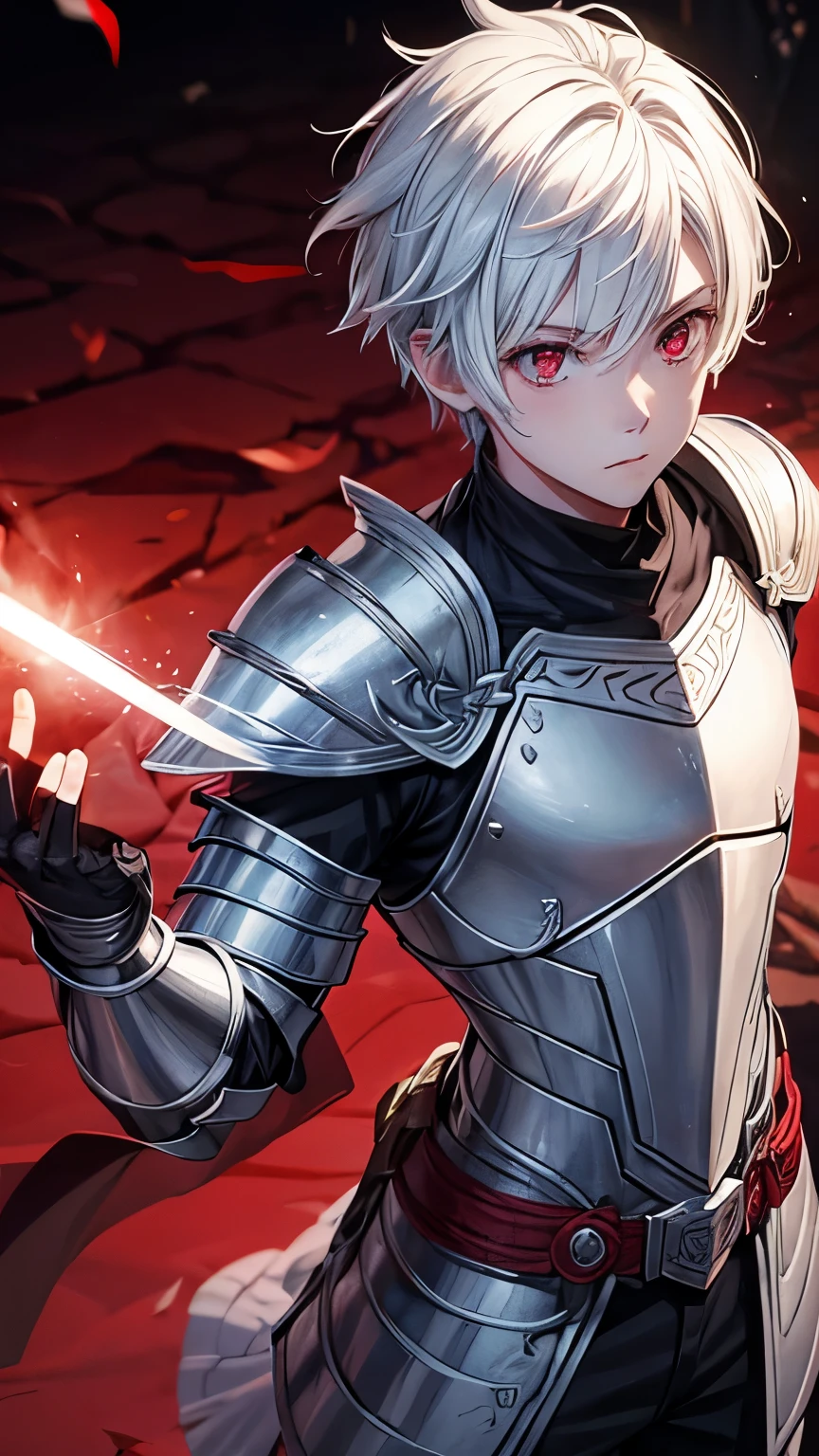 Teenage boy with white hair and red eyes holding daggers wearing light silver armor with some runes carved into the armor