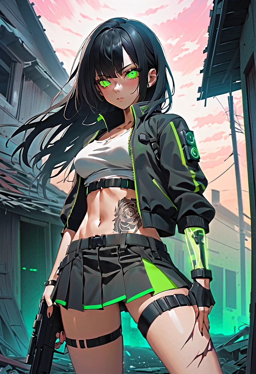 1 girl, solo, long_hair, bangs_between_the_eyes black_hair_with_strands_green, bi_color_ green_neon eyes, sexy_face, HOLDING A PISTOL IN HAND NEAR THE GROUND, cyberpunk_clothes, short_jacket, navel appears, short_skirt, scarred_legs, left_arm_band, tattoo_above_navel_background_of_abandoned_house_red, manga_style_image .
