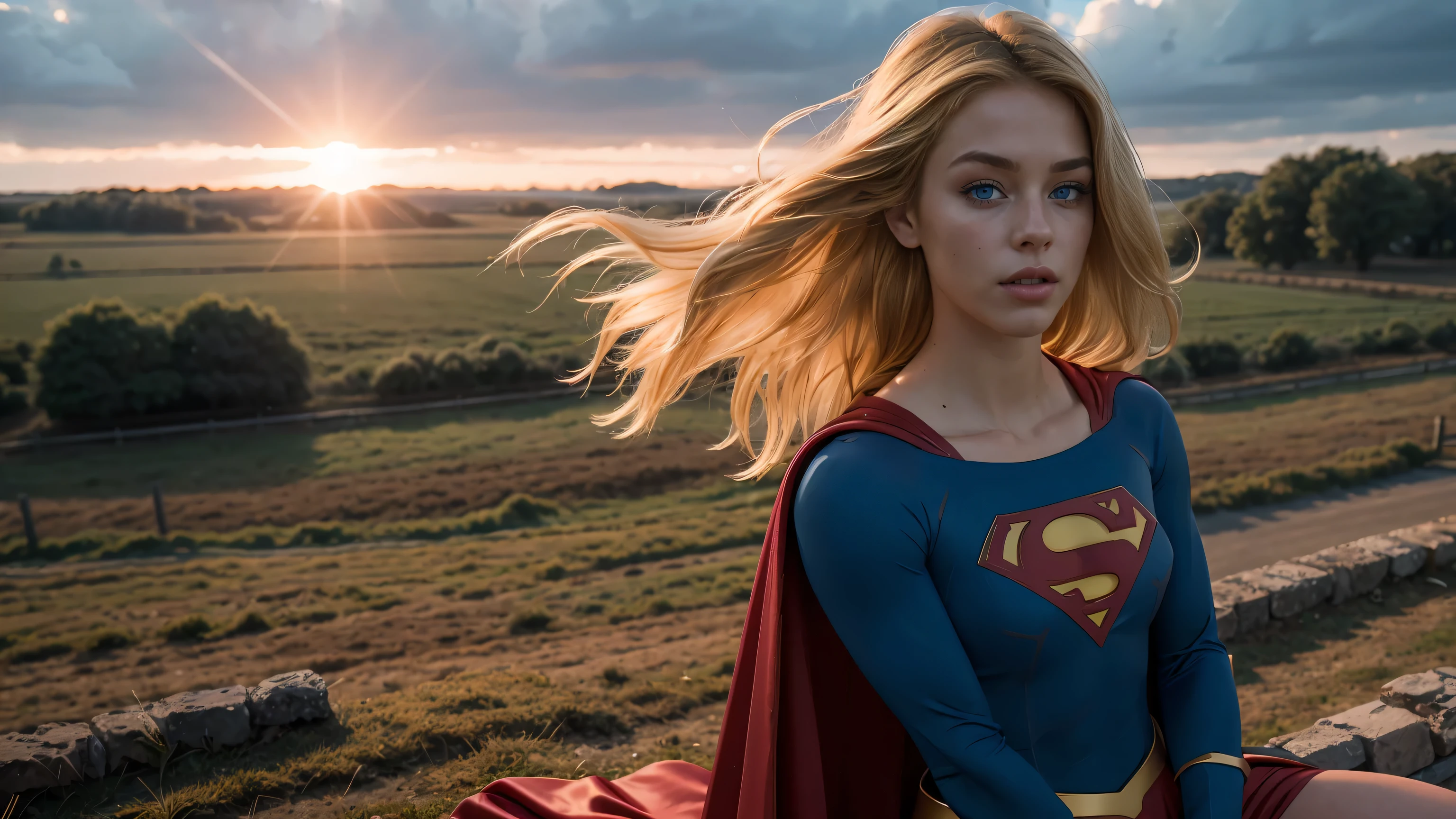 Real, photoshoot, realista, luminescente, atmospheric scene, (arte: 1.4), melhor qualidade, (Supergirl Heaver Classic Costume: 1.2), (textura detalhada da pele, corpo ultra detalhado: 1.1), foto crua, (pele altamente detalhada: 1.2), 8K ultra-hd, dslr, Film grain, Fujifilm XT3, (athletic and muscular body: 1.4), Biceps muscle, 1 garota, cabelo loiro, olhos azuis, realista, Super heroi ,Cabelo longo, lips, joia, tronco, clavicle, Sozinho, capa vermelha, (Milly Alcock como Supergirl, cabelo Cabelo comprido ao vento), (sentado em cima de um celeiro em uma bela fazenda na zona rural do Texas) (beautiful sunset in the background ), (noite bonita:1.4) . high resolution, absurdo: 1.2, Bokeh: 1.2, HDR, (cor vibrante: 1.2), jardim da fazenda.