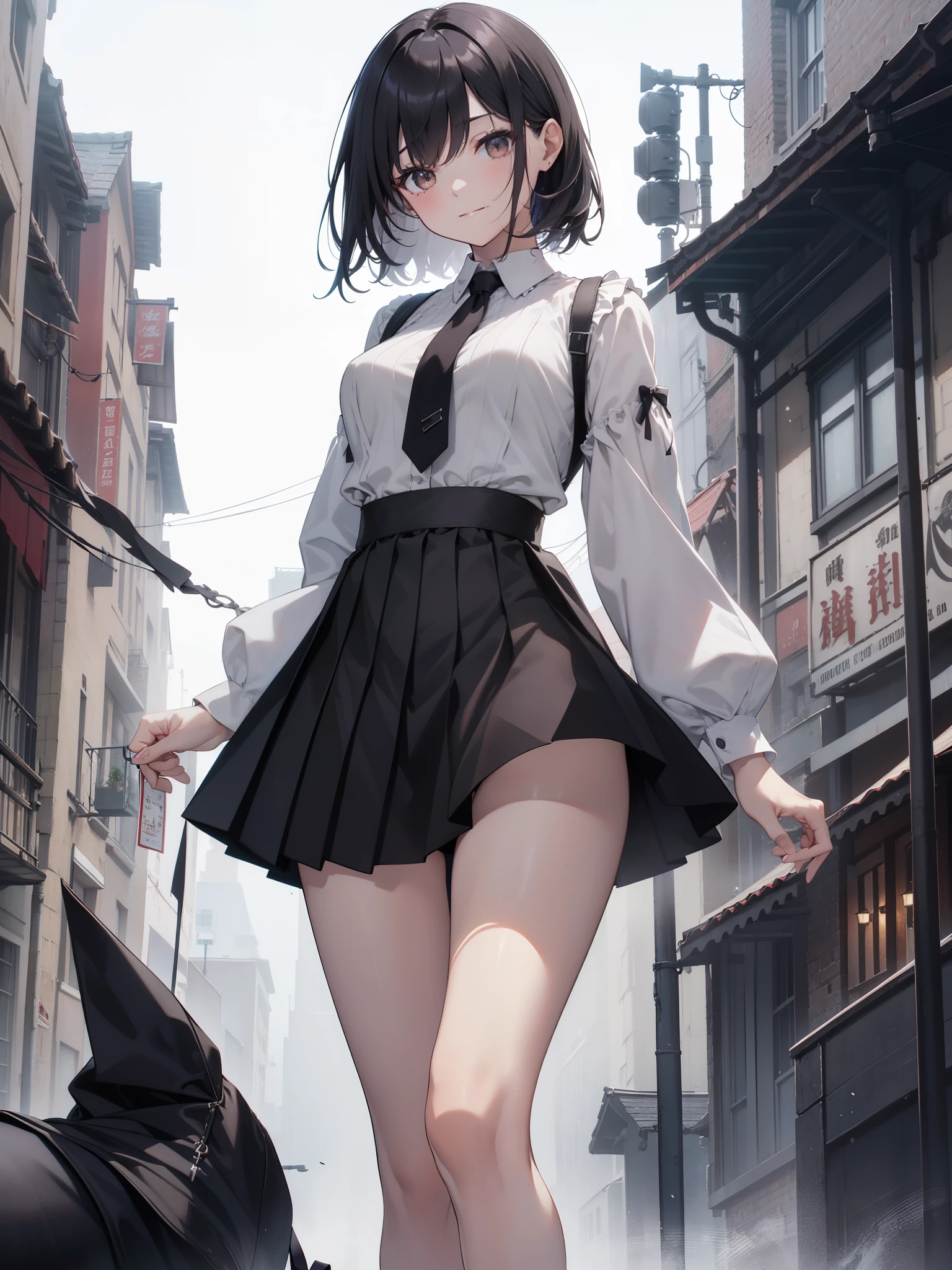 Anime girl in a short skirt and tie walking down a street - SeaArt AI