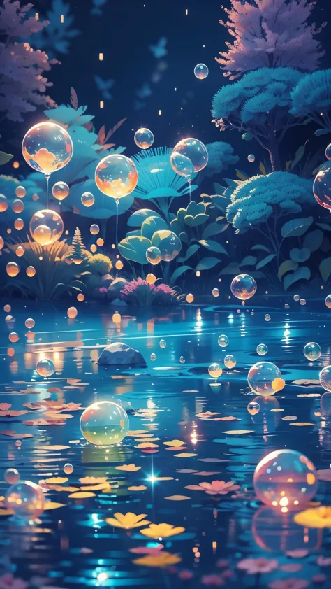 Far shot of a lake,super cute slime,reflecting light,colorful bubbles,magical lake,ultra-detailed,best quality,soft lighting, fa...