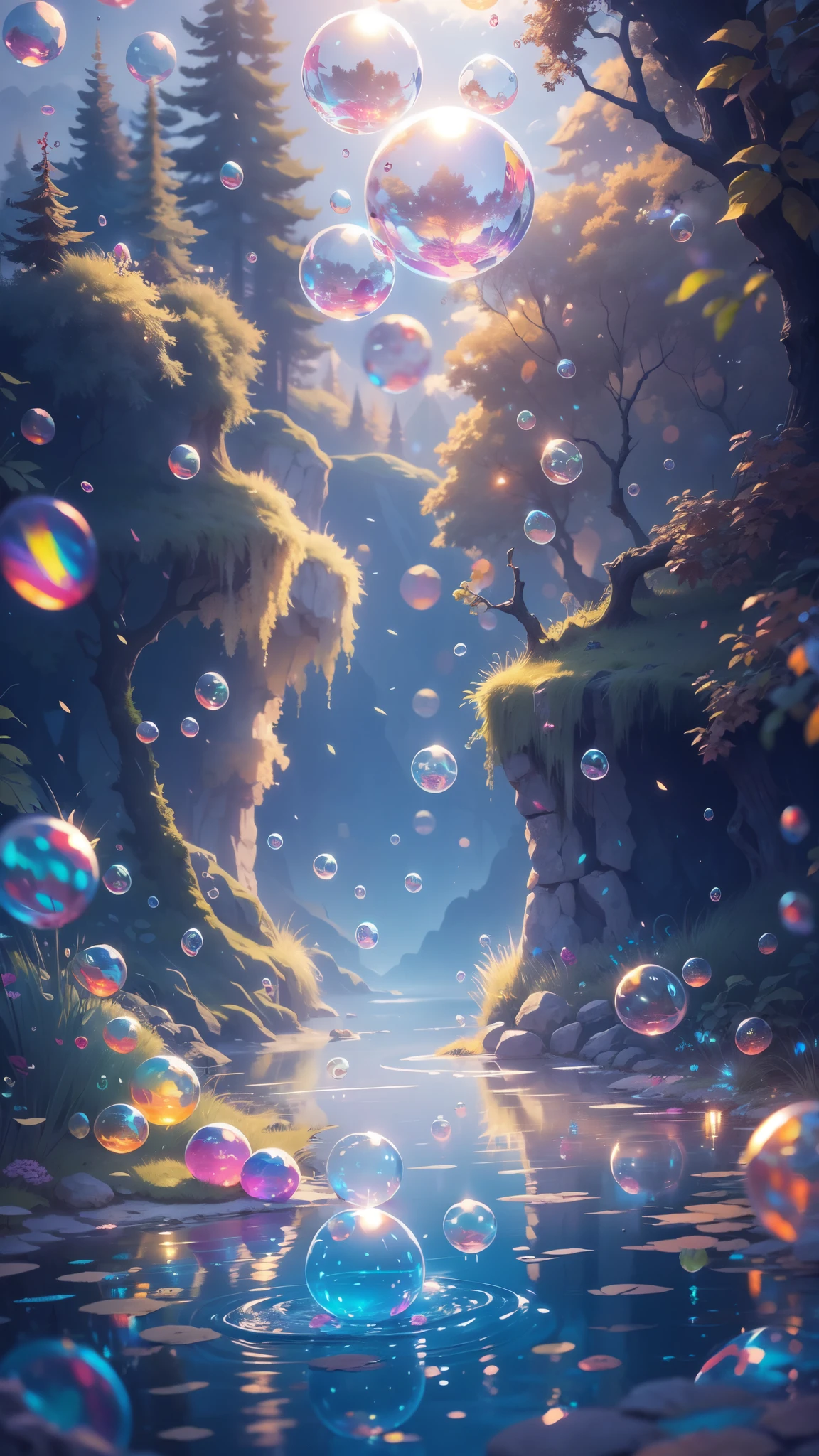 Far shot of a lake,super cute slime,reflecting light,colorful bubbles,magical lake,ultra-detailed,best quality,soft lighting, fantasy style, vibrant colors