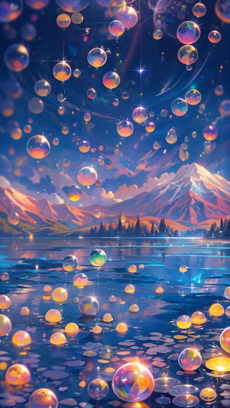 Ultra wide angle,Far shot of a lake,super cute slime,reflecting light,colorful bubbles,magical lake,ultra-detailed,best quality,...