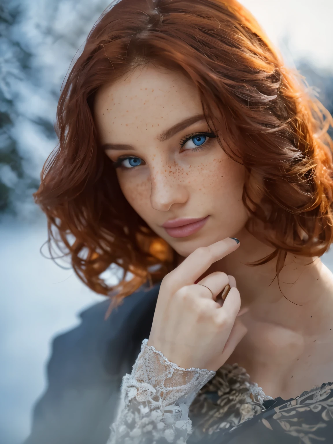 Portrait of a beautiful woman, looking_at_viewer, red hair, detailed_hair_style, curly hair, pale skin, freckles, blue_eyes, Perfect illumination, warm light, outdoors, fantasy clothing, Masterpiece, Incredibly detailed photo, Ultra High Definition, (extremely realistic, professional photo, perfect body, perfect human anatomy, high quality fingers, detailed fingers, photo realistic)