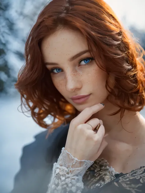 portrait of a beautiful woman, looking_at_viewer, red hair, detailed_hair_style, curly hair, pale skin, freckles, blue_eyes, per...